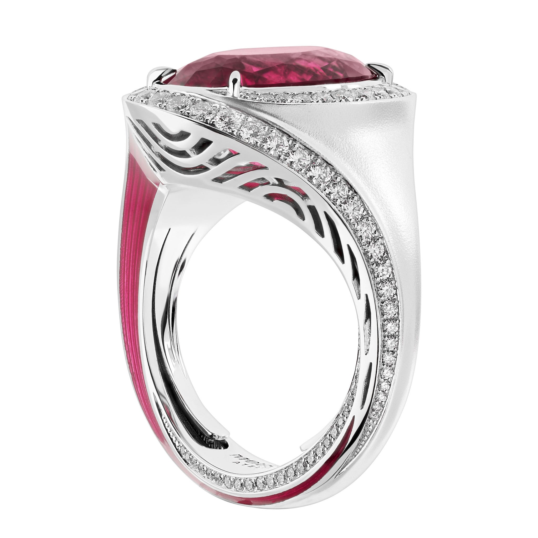 R 0143-09, 18K White Gold, Tourmaline Rubellite, Diamonds, Enamel Ring