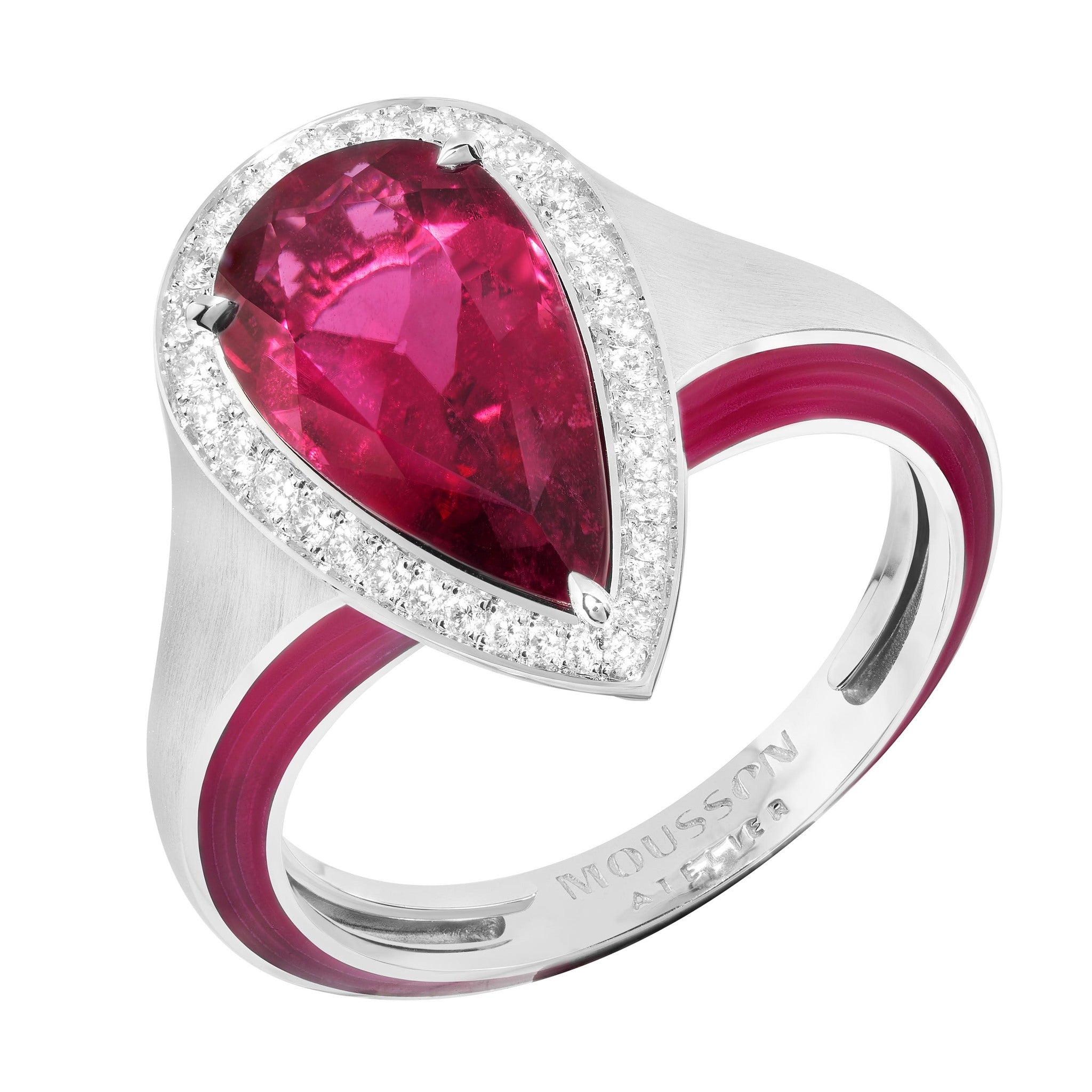 Tourmaline Rubellite, Diamonds, Enamel 18K White Gold Ring, R 0143-21