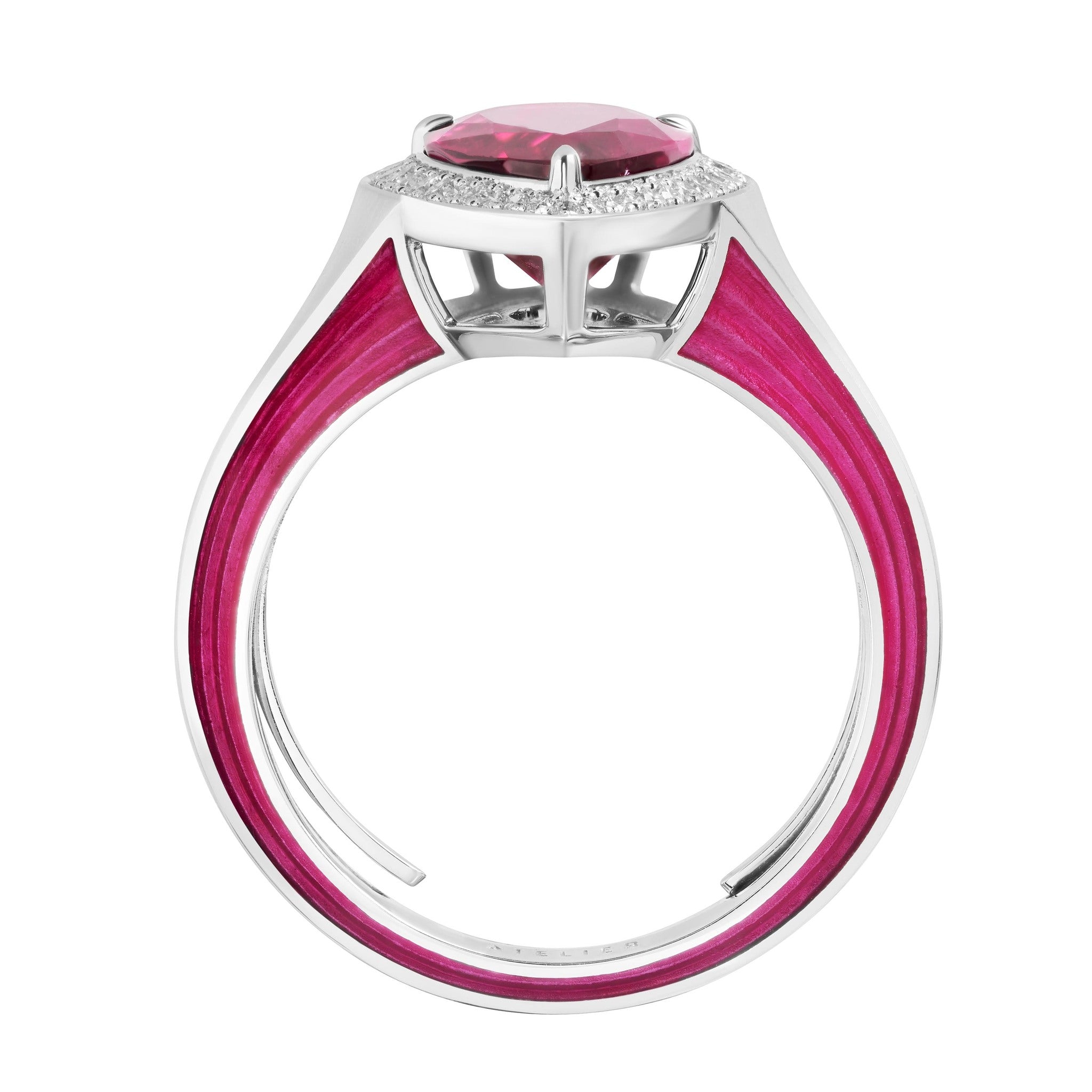 Tourmaline Rubellite, Diamonds, Enamel 18K White Gold Ring, R 0143-21