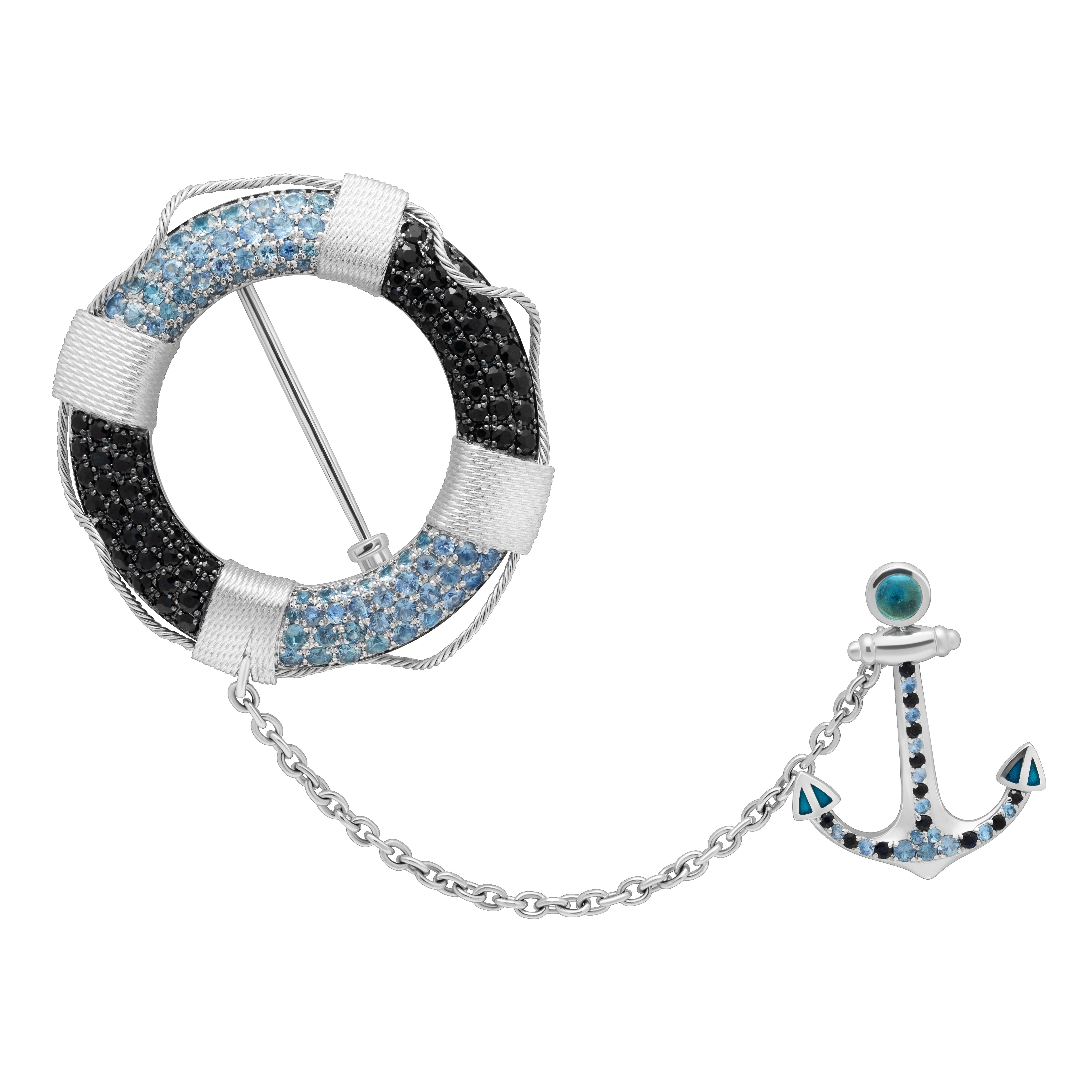Sapphires 18K White Gold Lifebuoy Brooch, Brs 0293-0