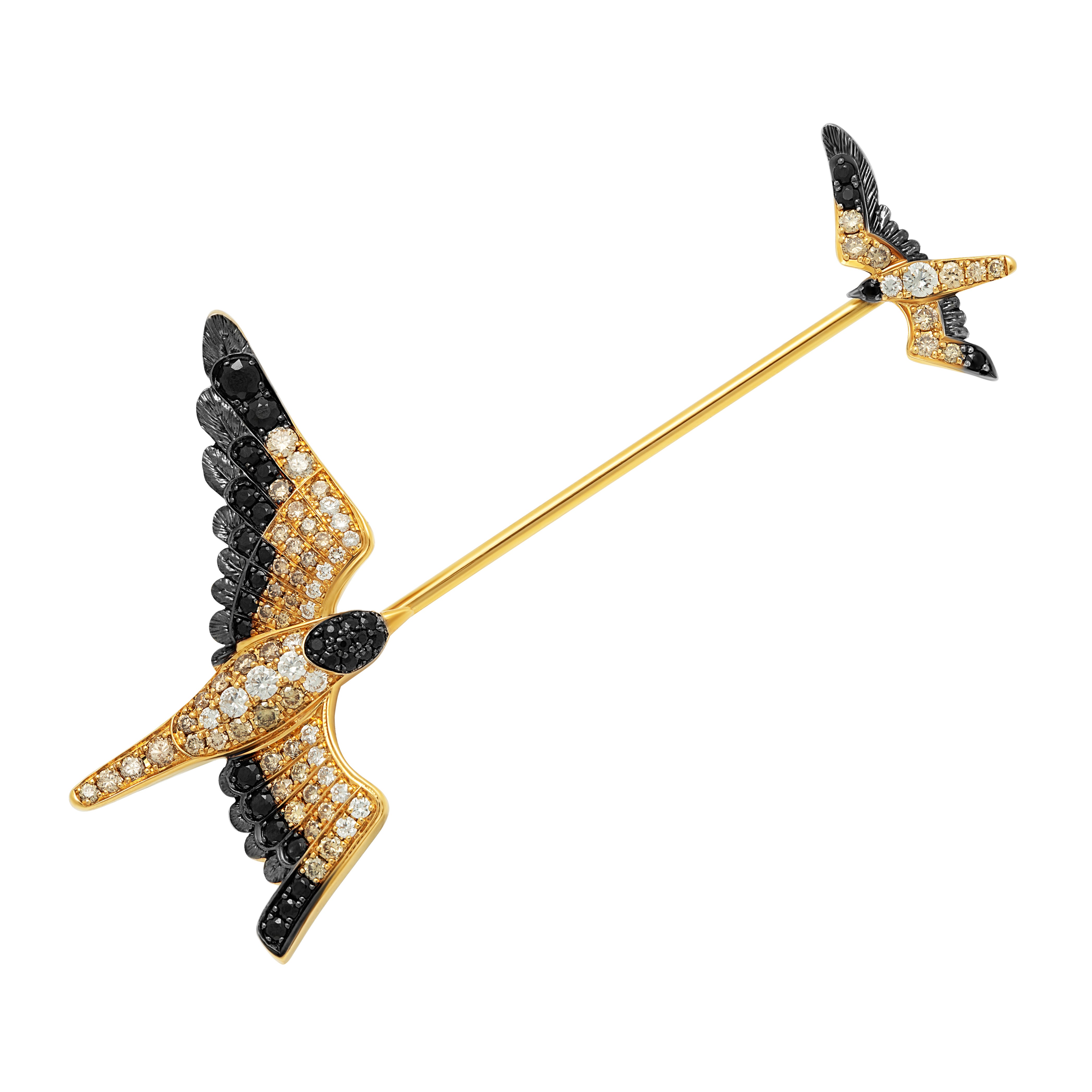 18K Yellow Gold, Champagne and Black Diamonds Pin, Brs 0294-0
