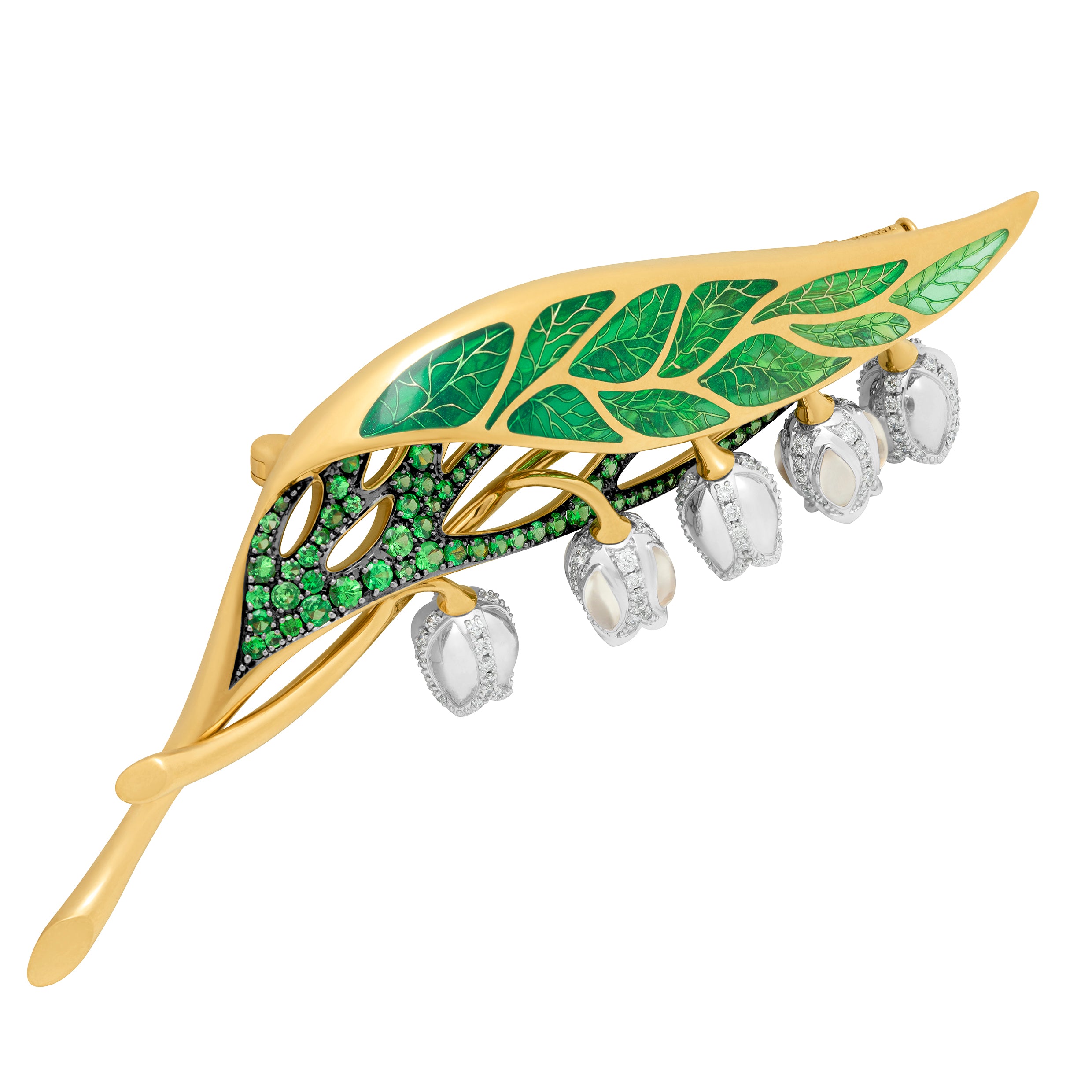 Brs 0278-0, 18K Yellow Gold, Enamel, Tsavorites, Moon Stone, Diamonds Brooch