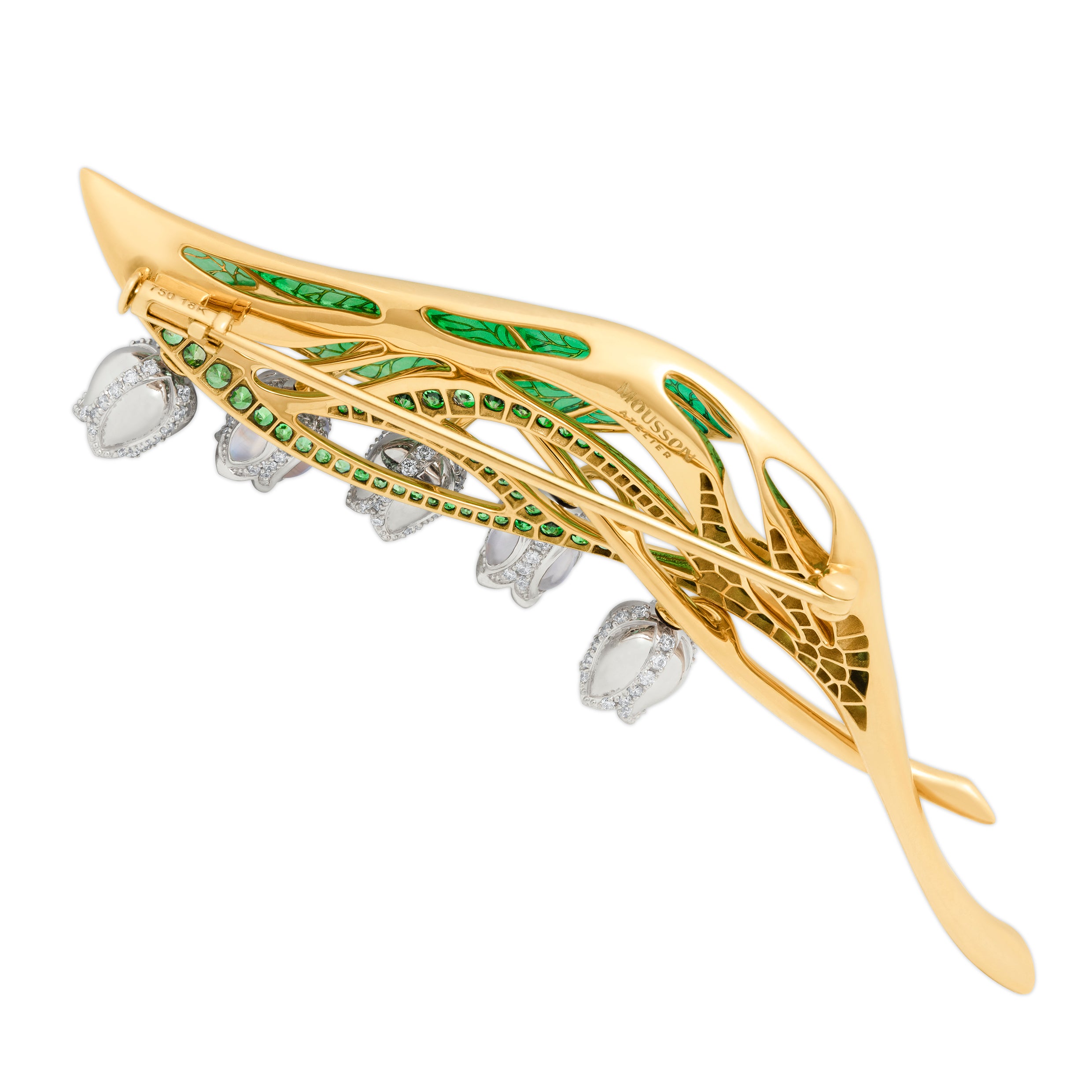 Brs 0278-0, 18K Yellow Gold, Enamel, Tsavorites, Moon Stone, Diamonds Brooch