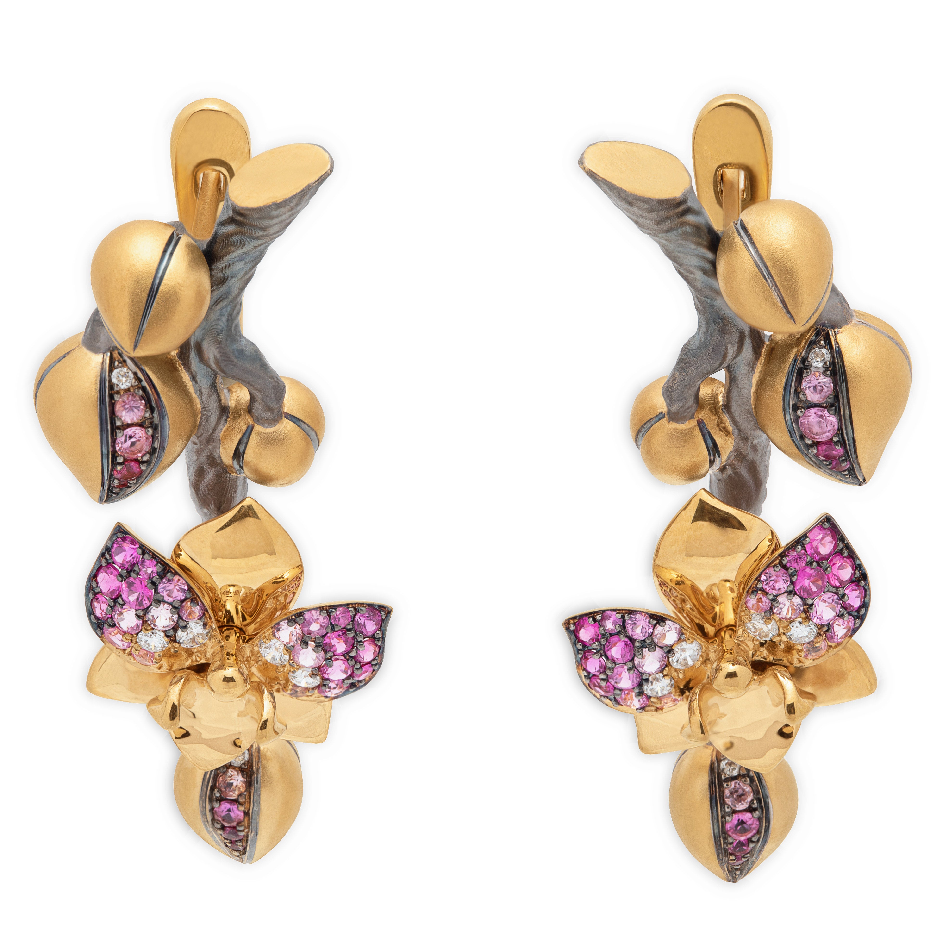 Pink Sapphires, Diamonds 18K Yellow Gold Earrings, E 0275-2