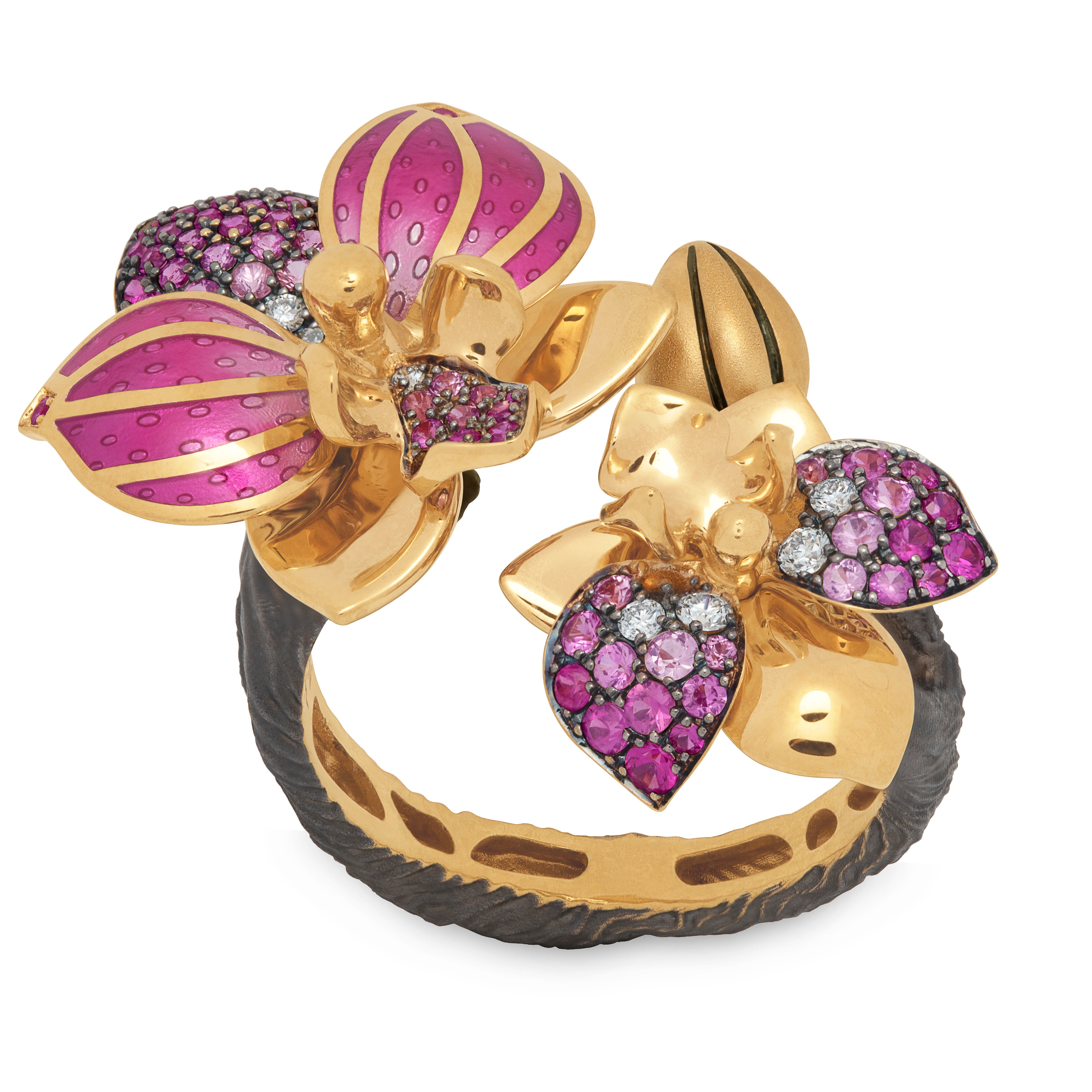 R 0275-2, 18K Yellow Gold, Enamel, Pink Sapphires, Diamonds Ring