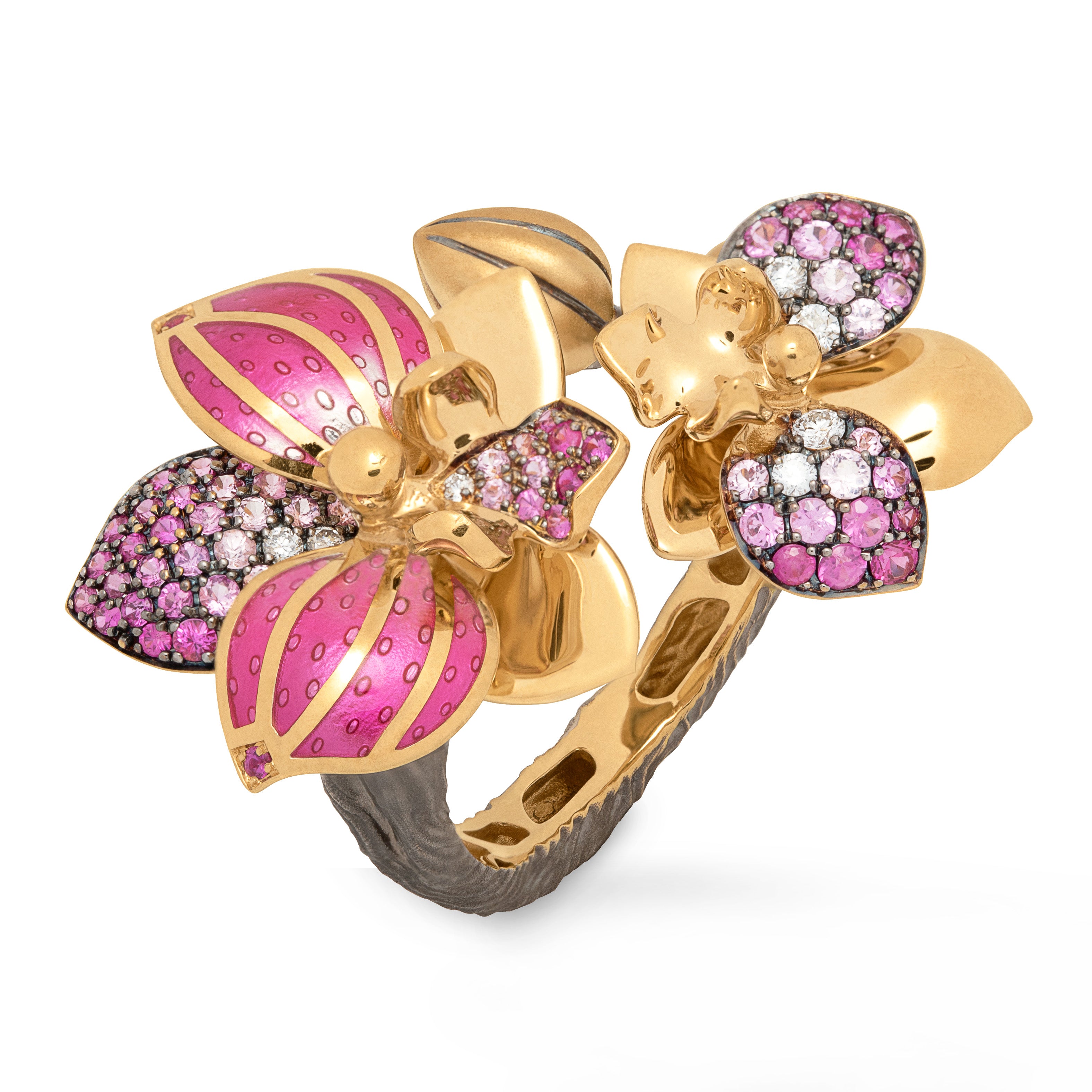 R 0275-2, 18K Yellow Gold, Enamel, Pink Sapphires, Diamonds Ring