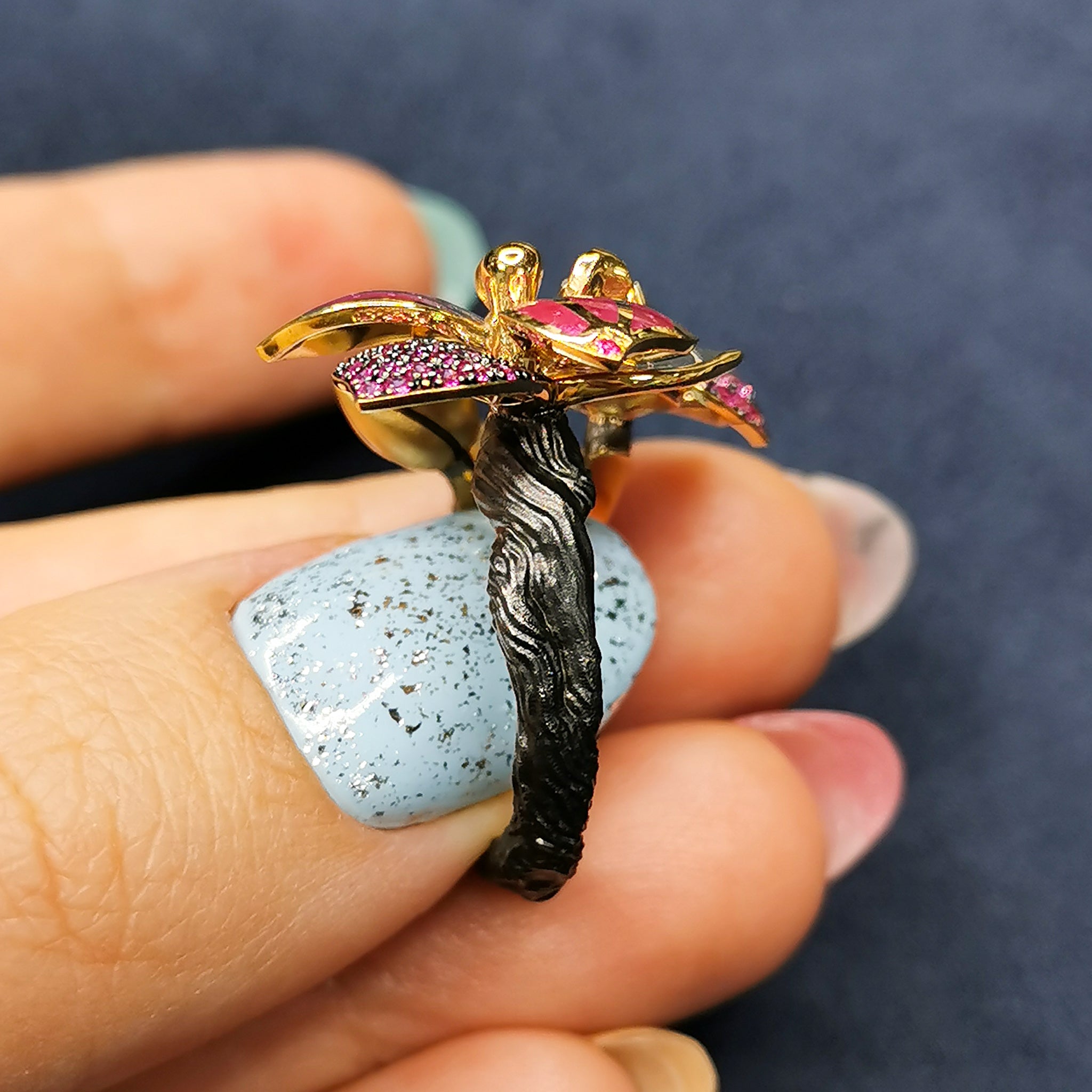 Enamel, Pink Sapphires, Diamonds 18K Yellow Gold Ring, R 0275-2