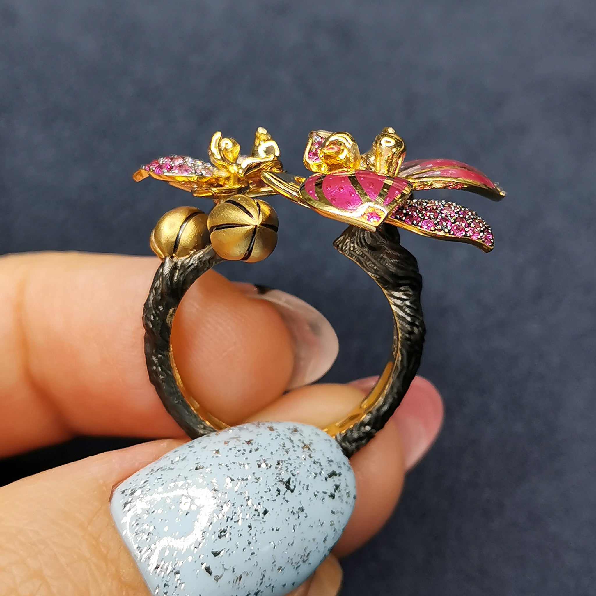 Enamel, Pink Sapphires, Diamonds 18K Yellow Gold Ring, R 0275-2