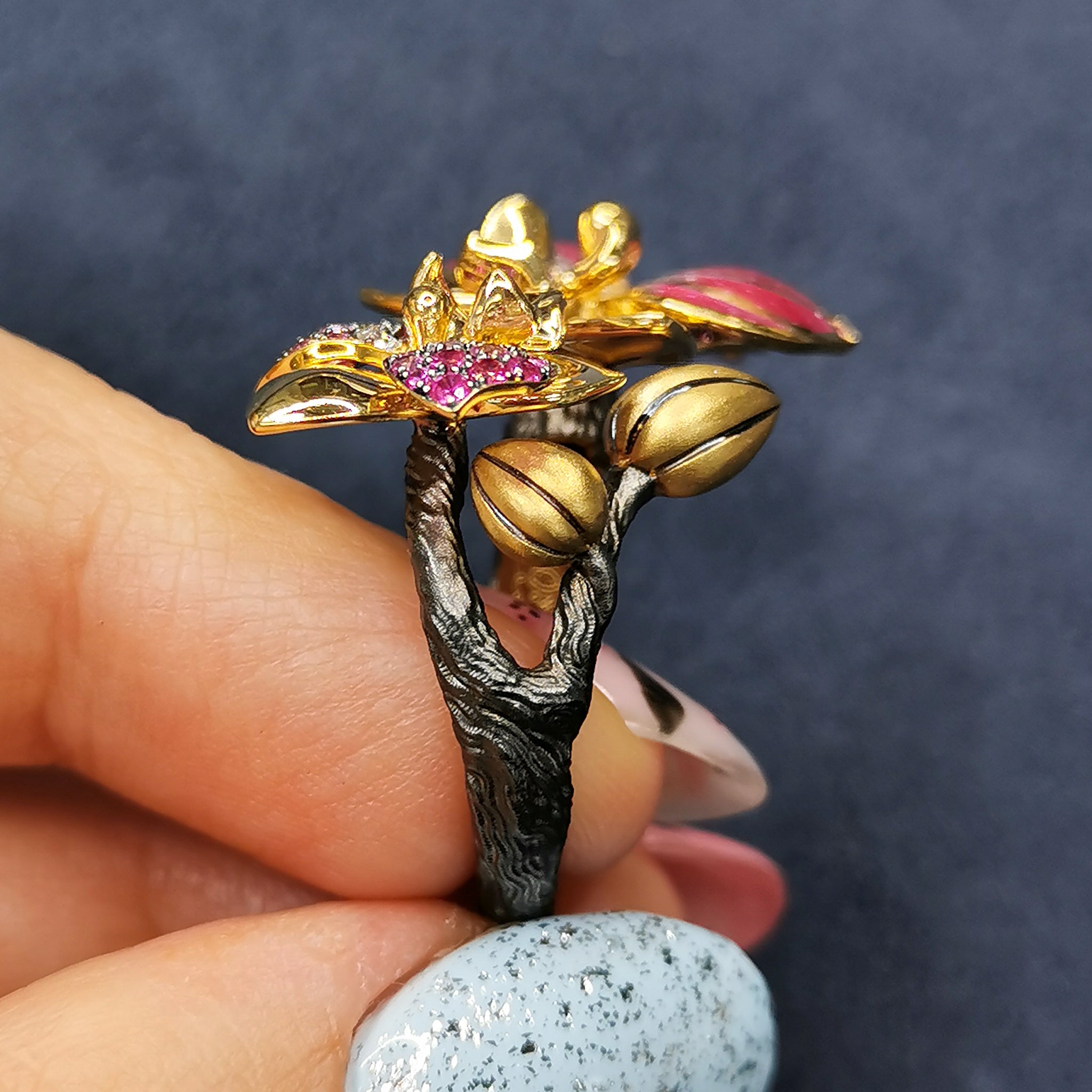 Enamel, Pink Sapphires, Diamonds 18K Yellow Gold Ring, R 0275-2
