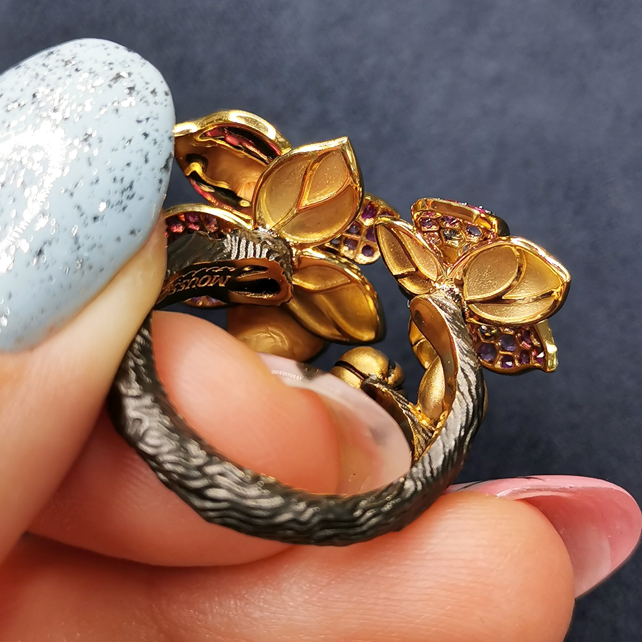 Enamel, Pink Sapphires, Diamonds 18K Yellow Gold Ring, R 0275-2