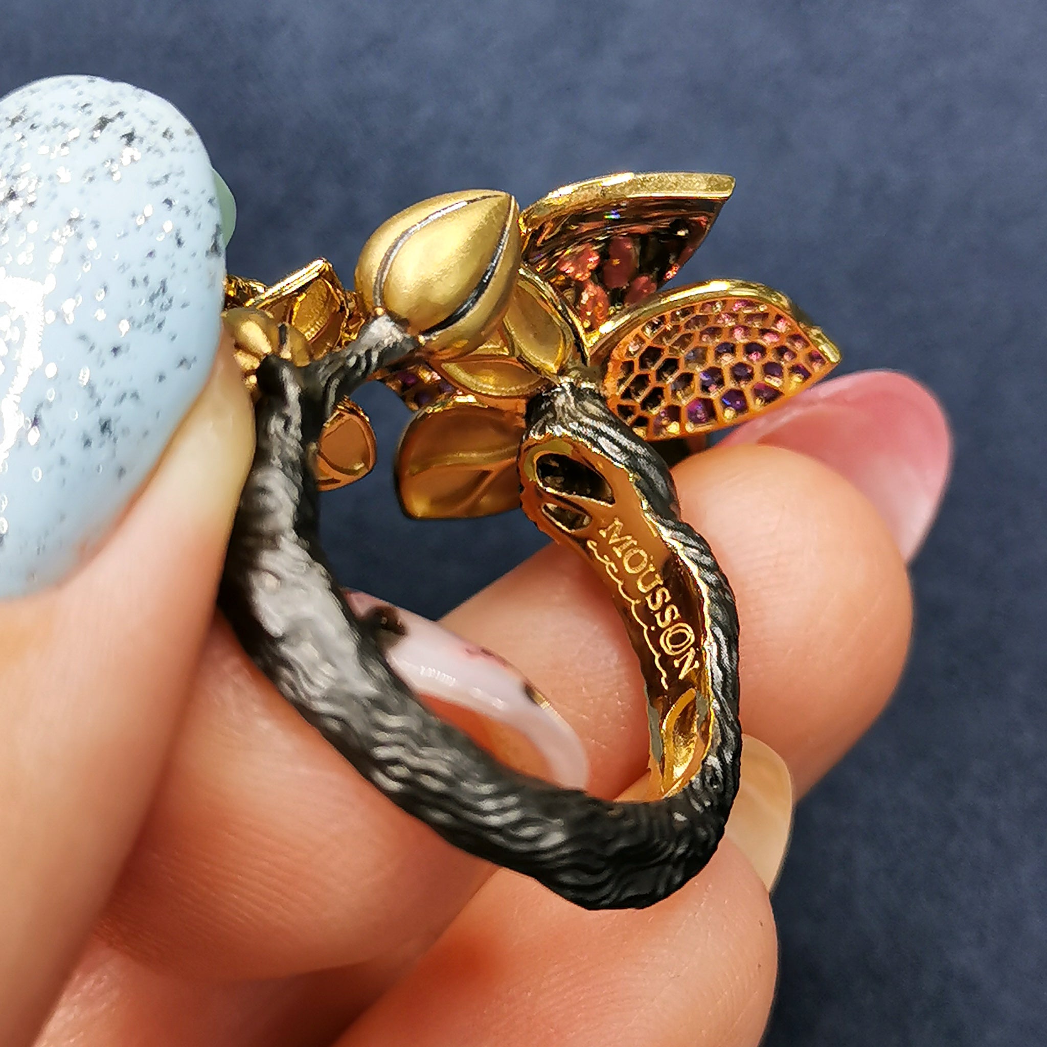 Enamel, Pink Sapphires, Diamonds 18K Yellow Gold Ring, R 0275-2