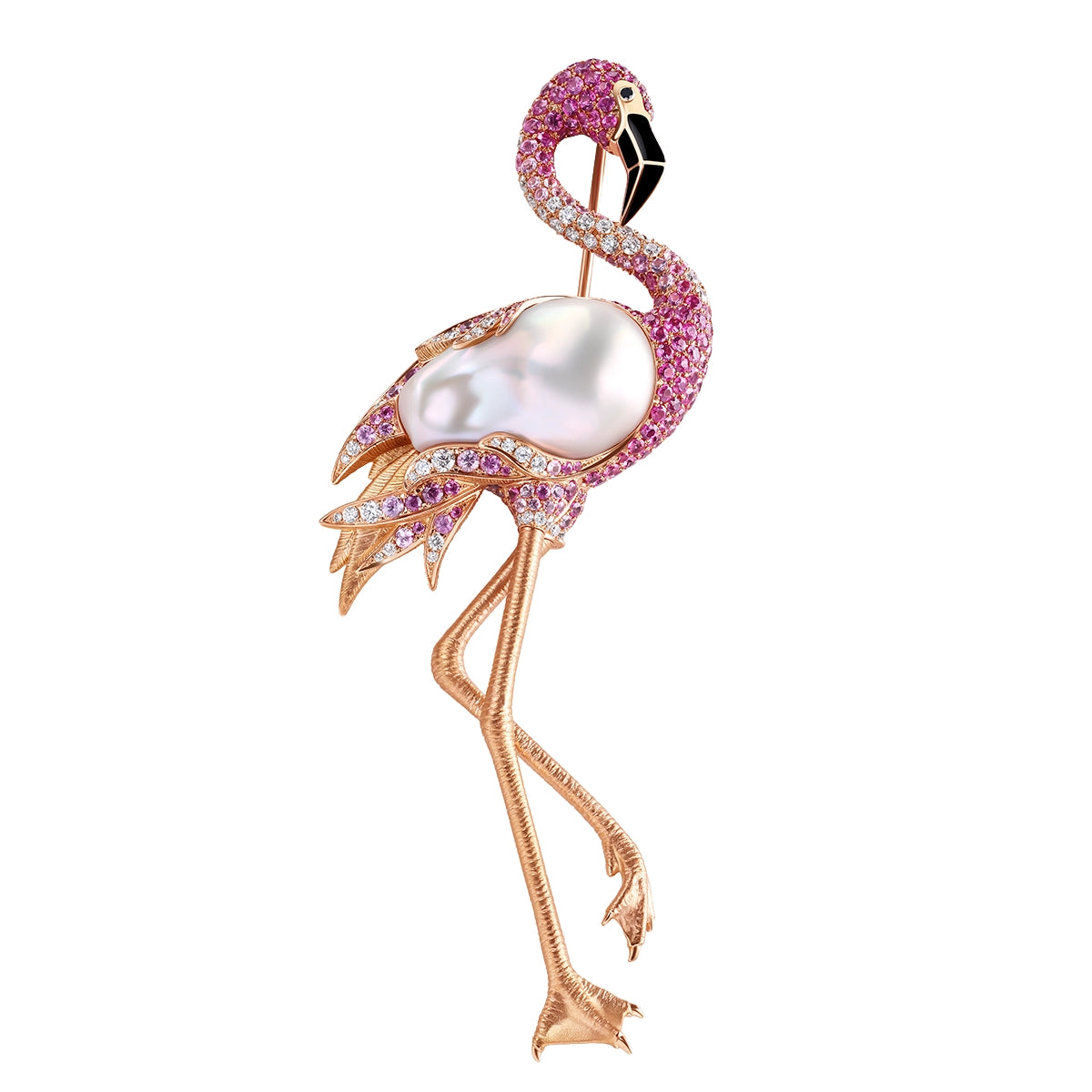 Enamel, Pink Sapphires, Diamonds, Fresh Water Pearl 18K Rose Gold Flamingo Brooch, Brs 0170-2