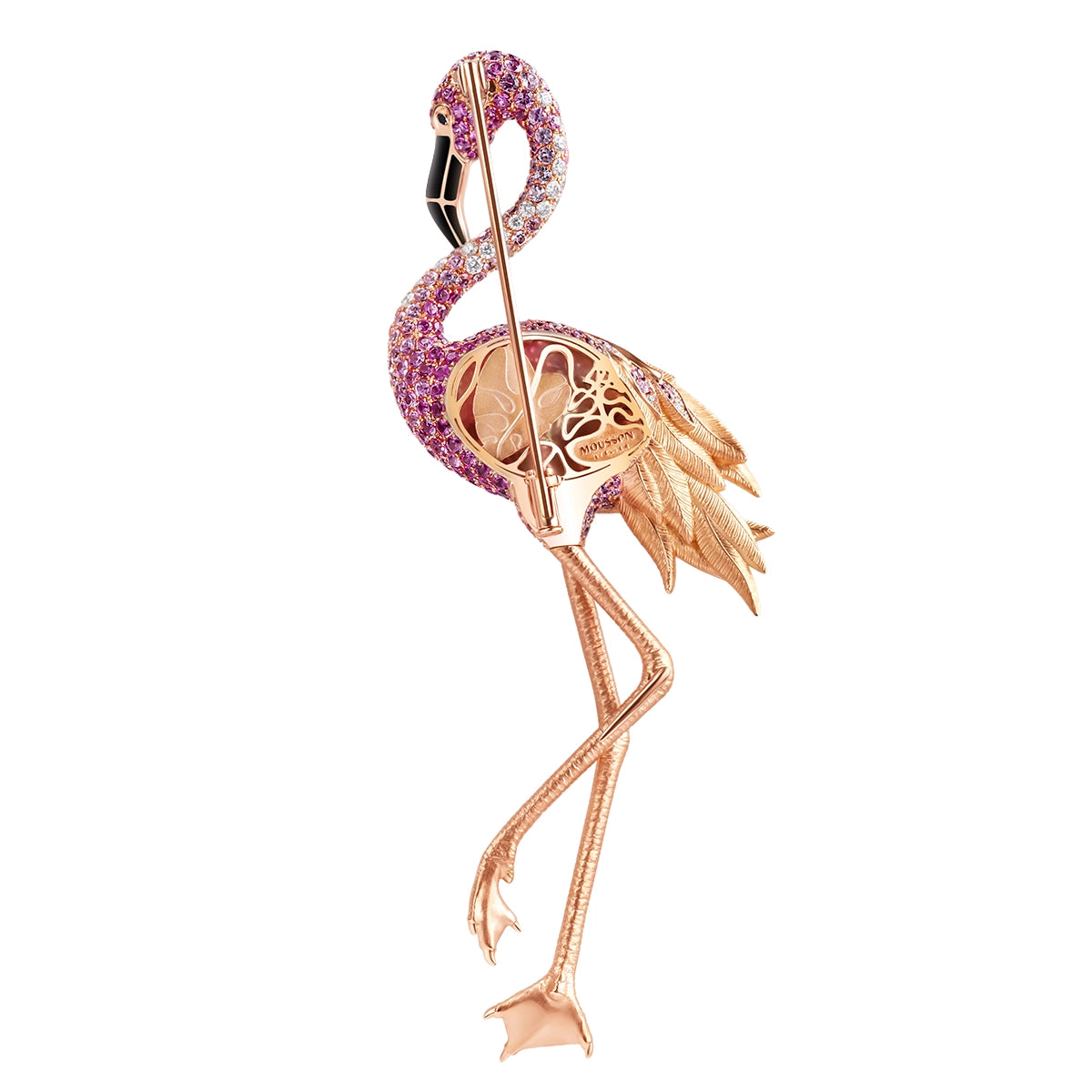 Enamel, Pink Sapphires, Diamonds, Fresh Water Pearl 18K Rose Gold Flamingo Brooch, Brs 0170-2