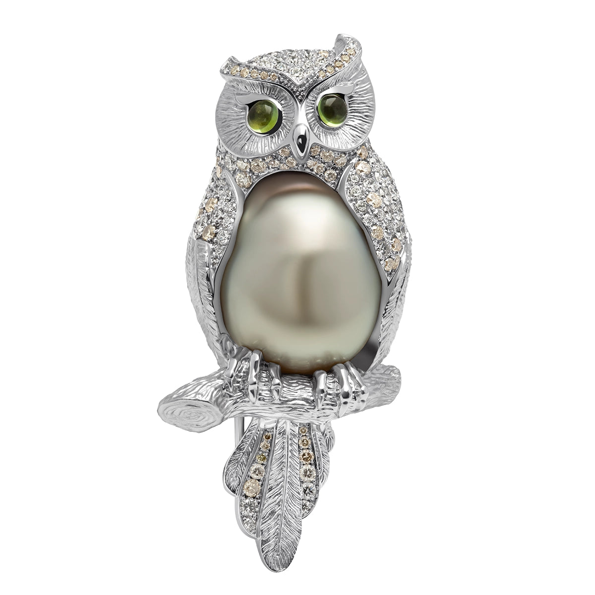 Pearl Tahiti Green Tourmaline Diamonds 18K White Gold Owl Brooch Brs 0171-0