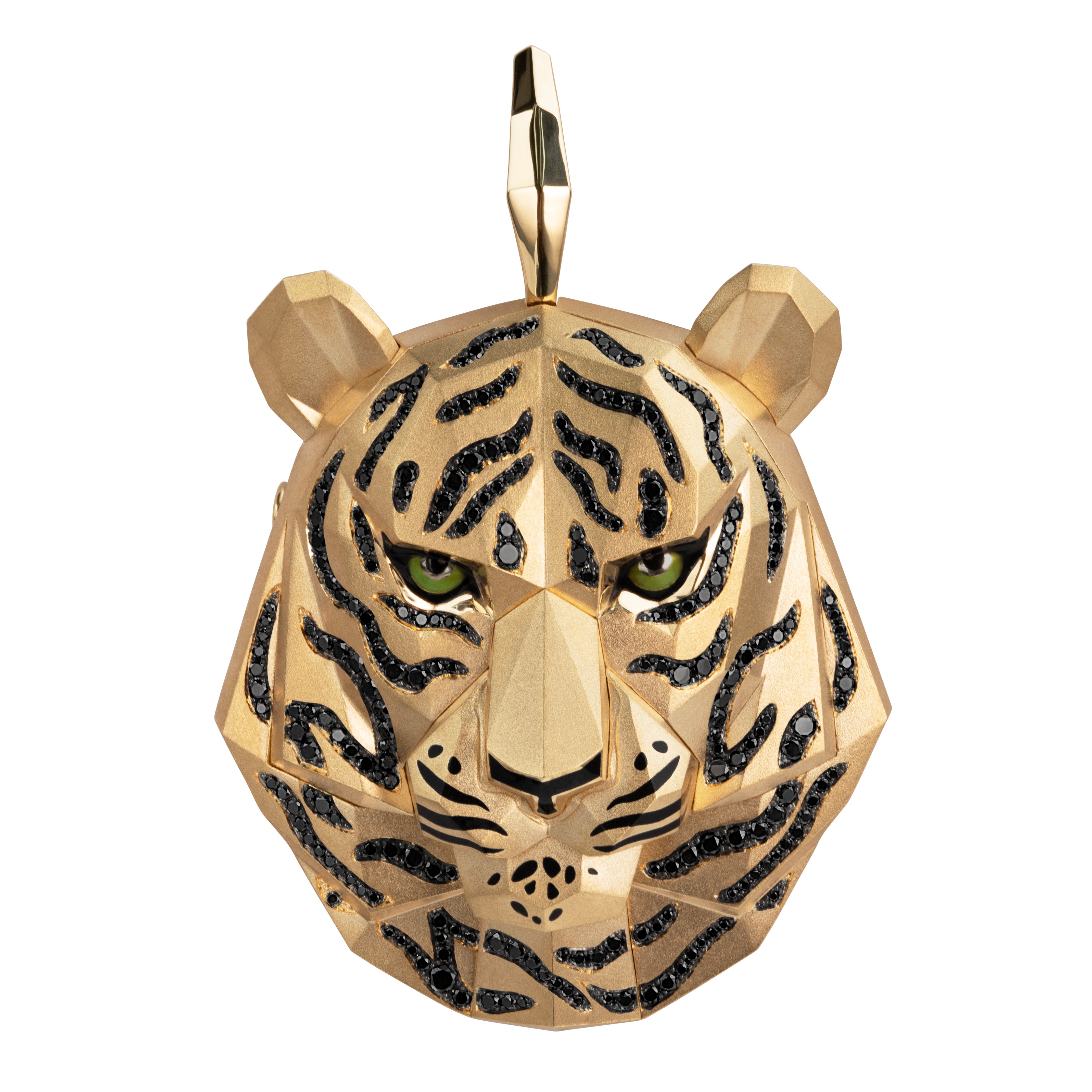 Black Diamonds 18K Yellow Gold Tiger Brooch-Pendant, Brs 0194-0
