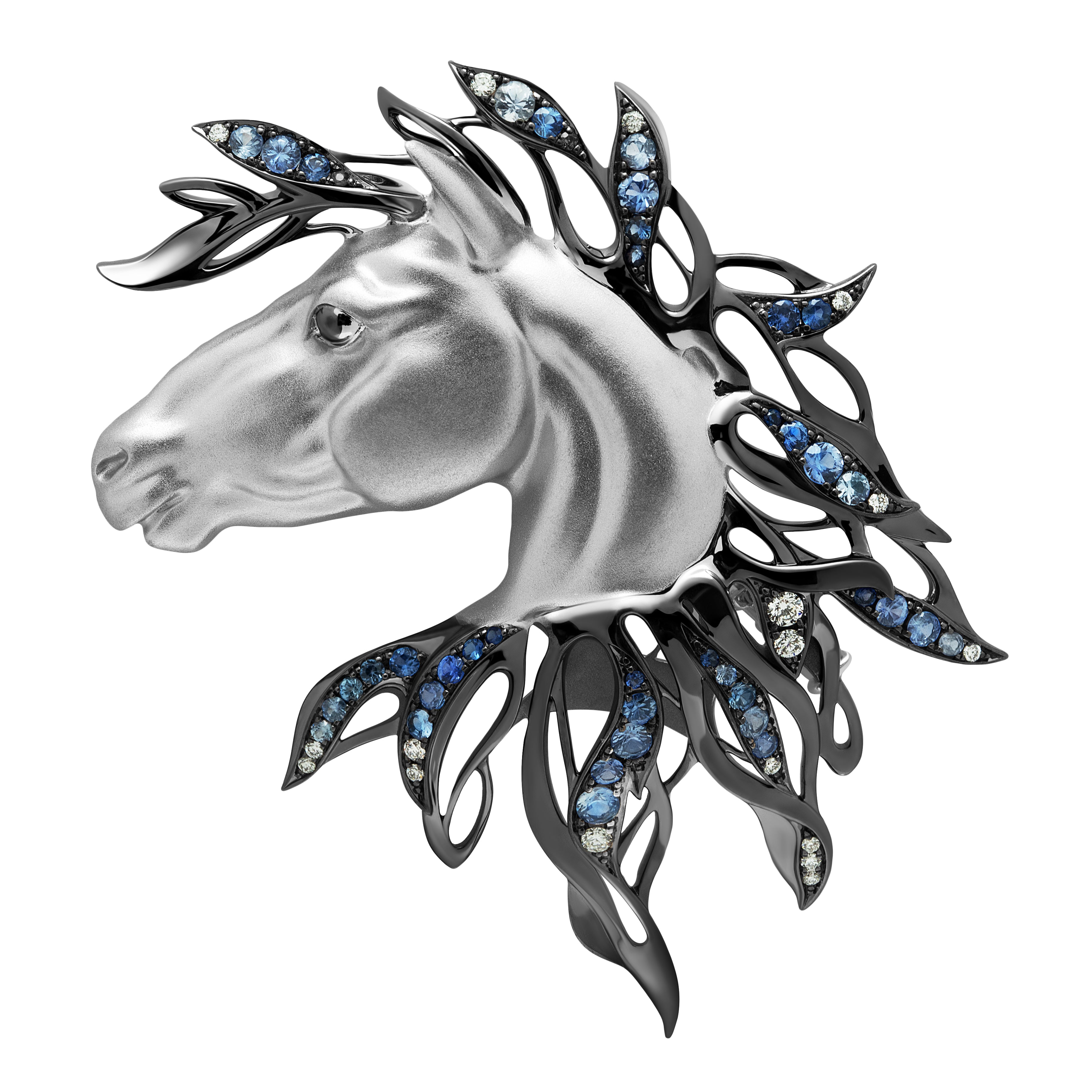 Sapphires Diamonds Horse Head 18K White Black Gold Brooch, Brs 0231-0