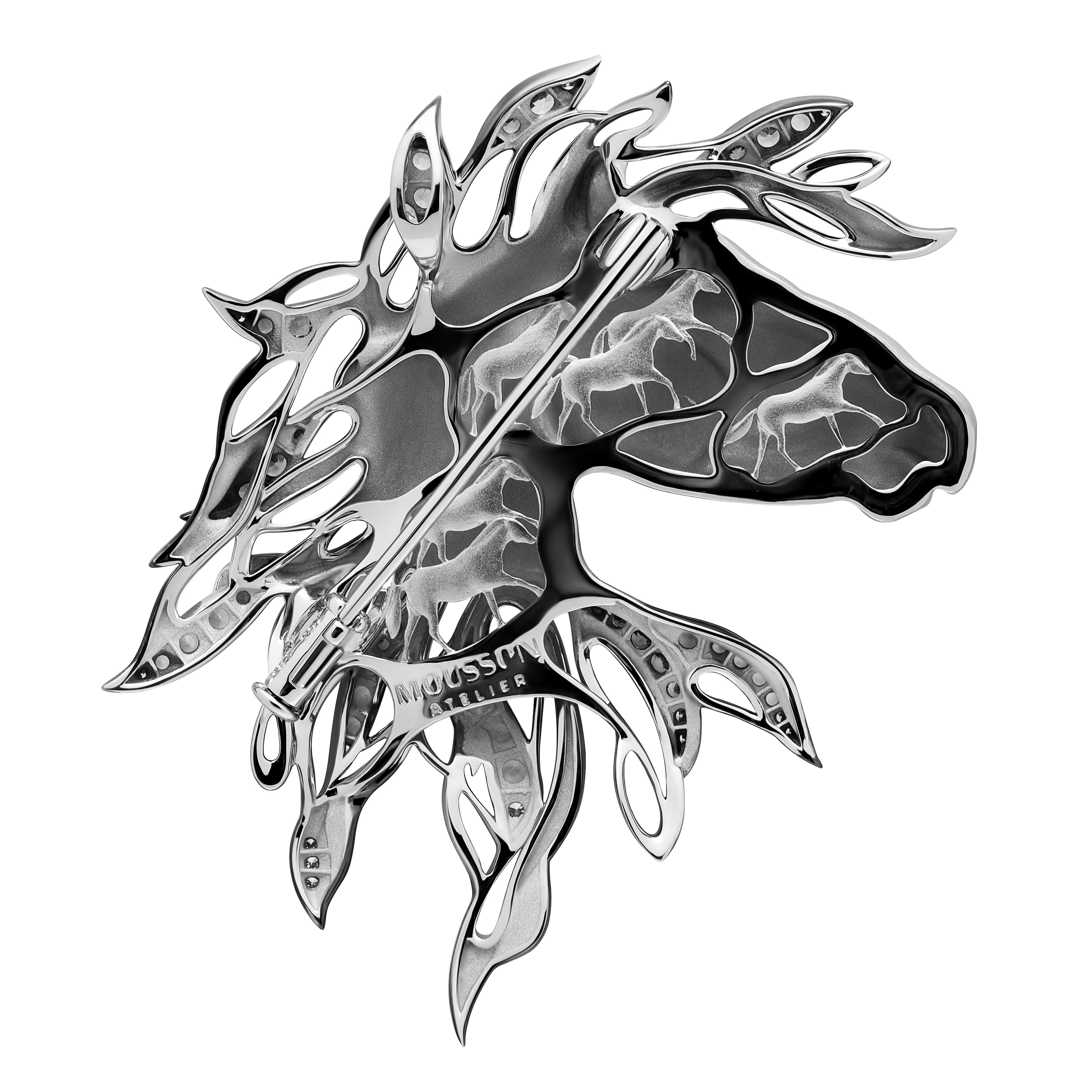 Sapphires Diamonds Horse Head 18K White Black Gold Brooch, Brs 0231-0