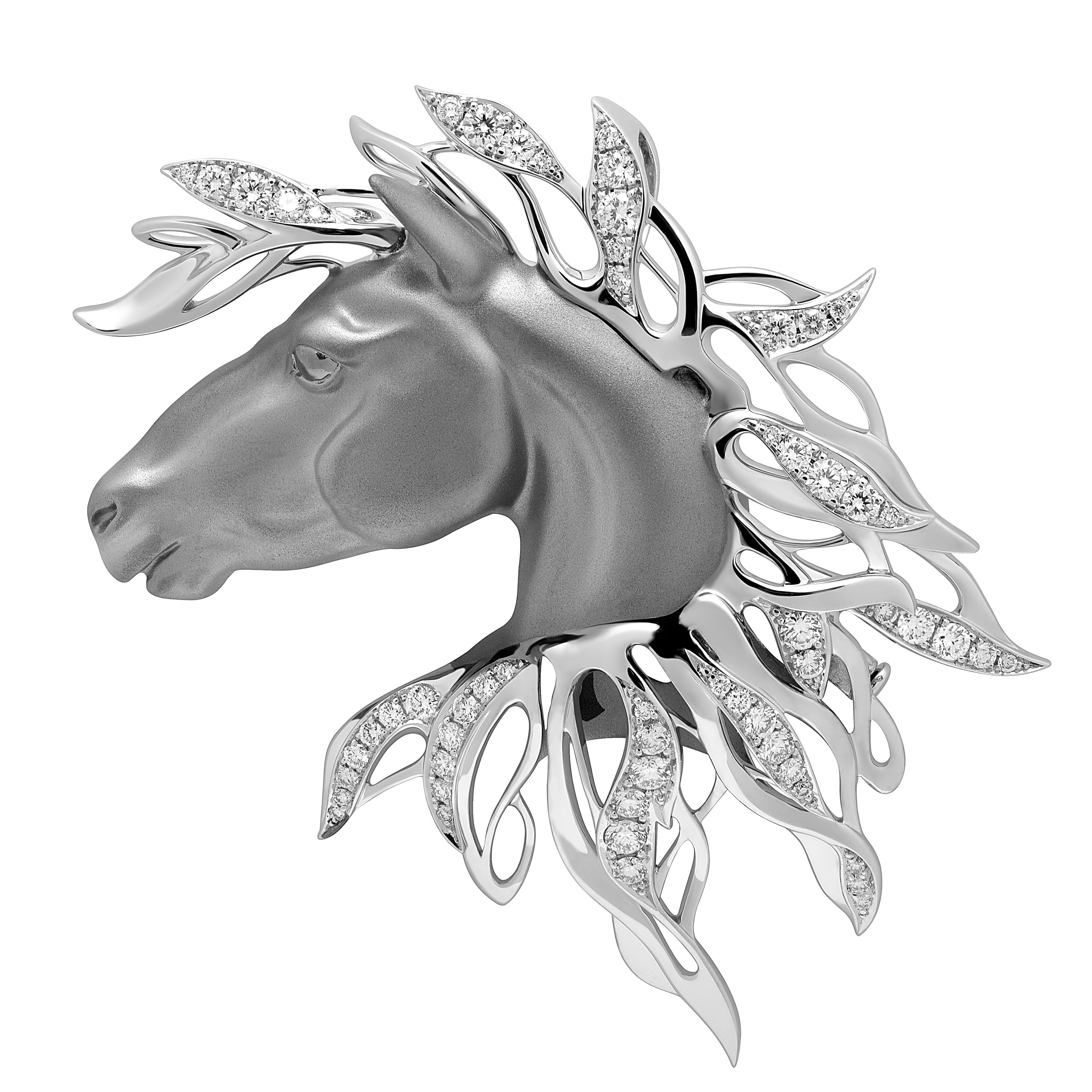 Diamonds Horse Head 18K White Black Gold Brooch, Brs 0231-0