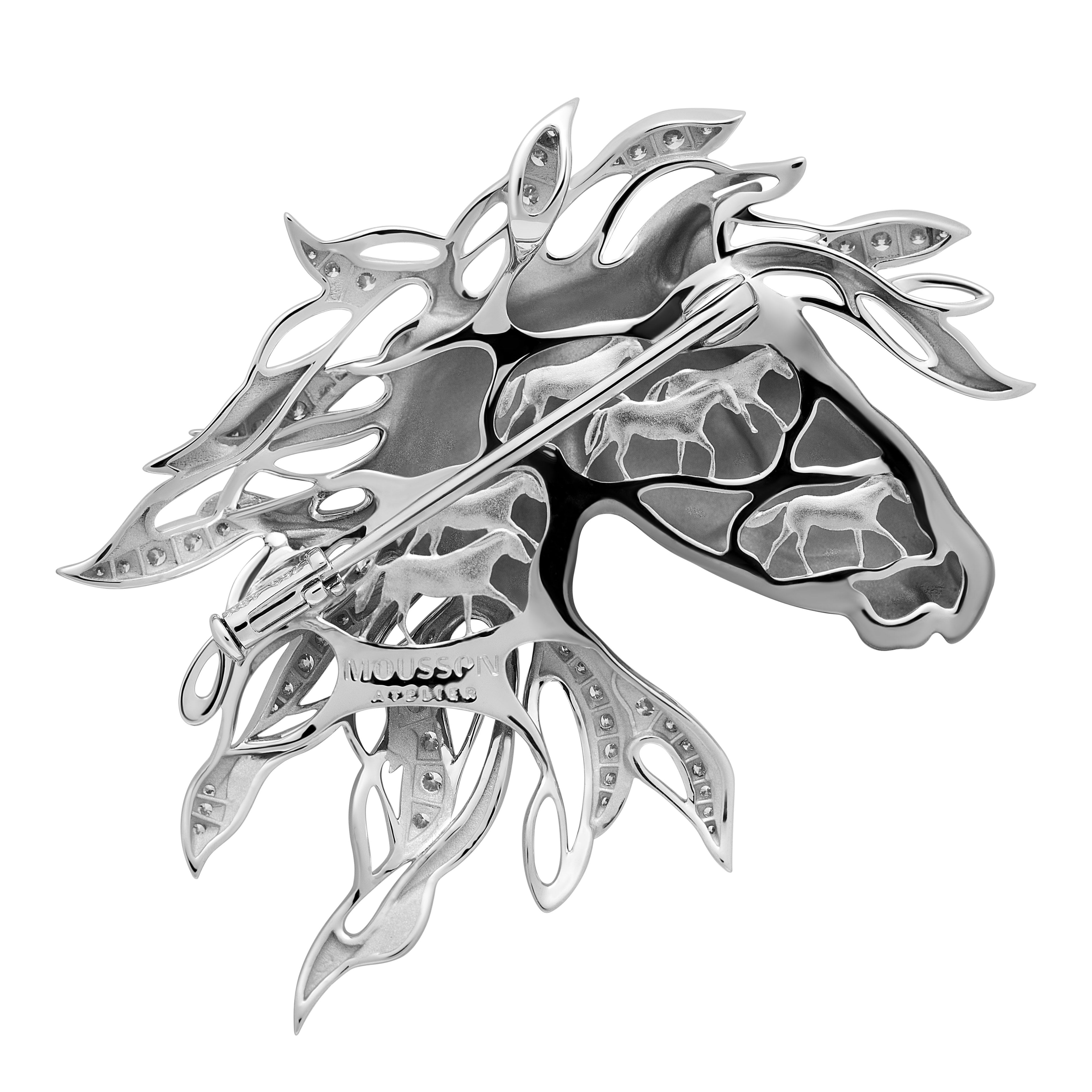 Diamonds Horse Head 18K White Black Gold Brooch, Brs 0231-0