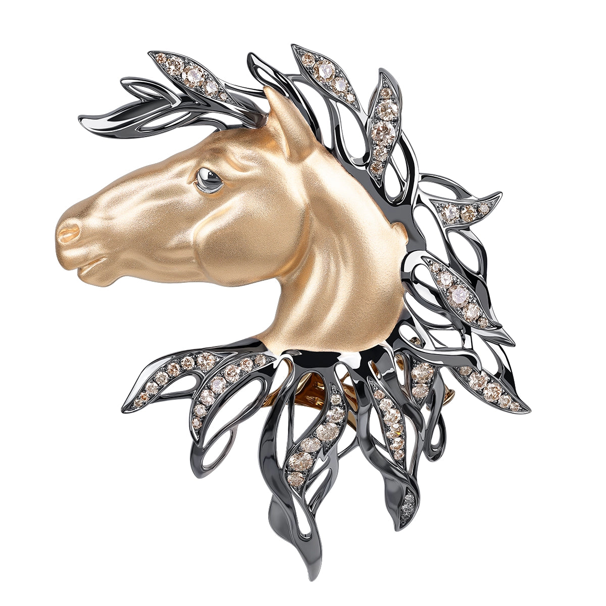 Brs 0231-0, 18K Yellow Gold, Champagne Diamonds Horse Head Brooch