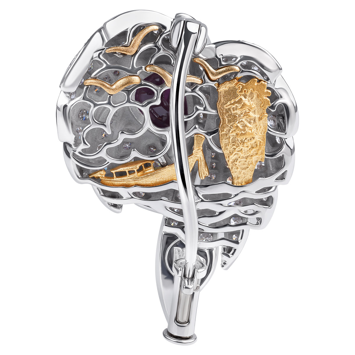 No-Heat Pink Sapphire Diamonds 18K White Gold Palm Leaf Brooch, Brs 0233-0