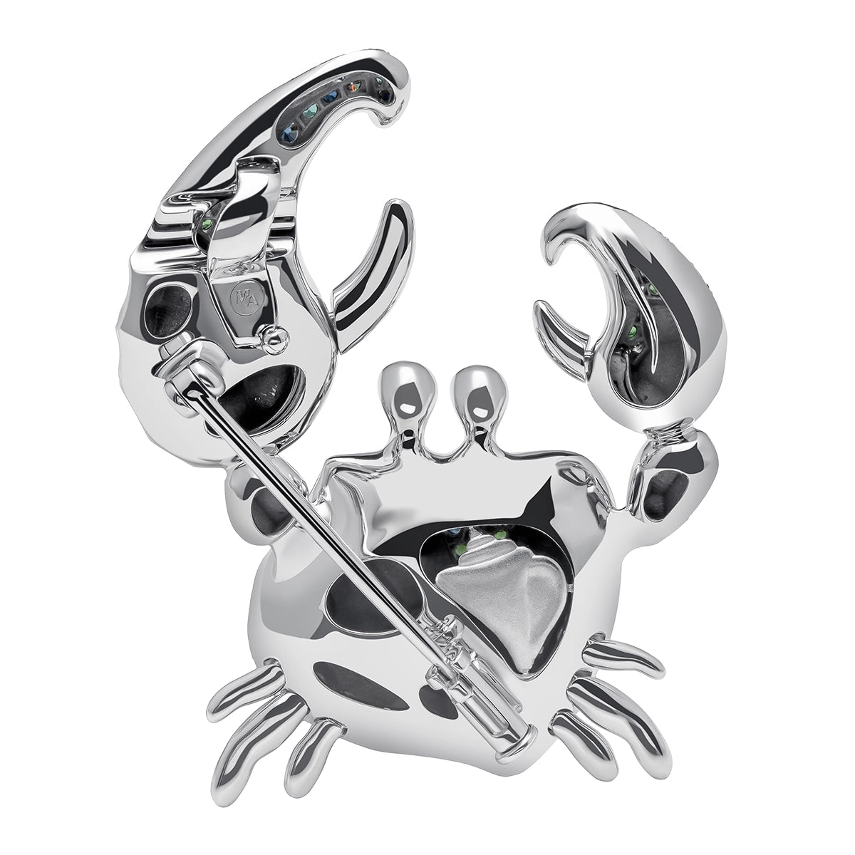 Diamonds, Tourmaline, Sapphires, Tsavorites 18K White Gold Crab Brooch, Brs 0247-0