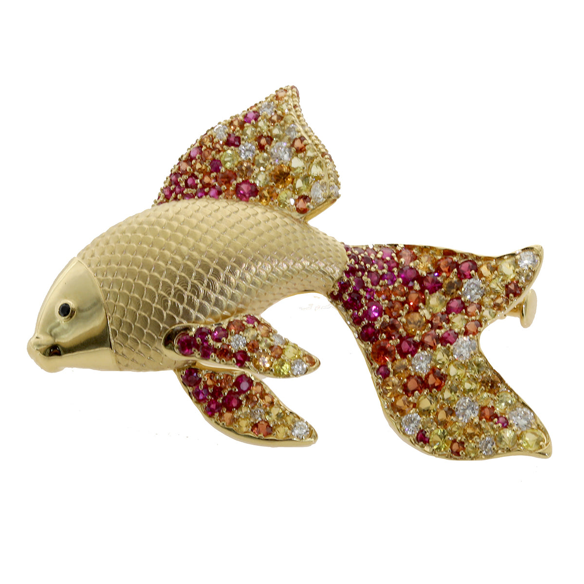 Diamonds, Sapphires 18K Yellow Gold Golden Fish Brooch, Brs 0251-2