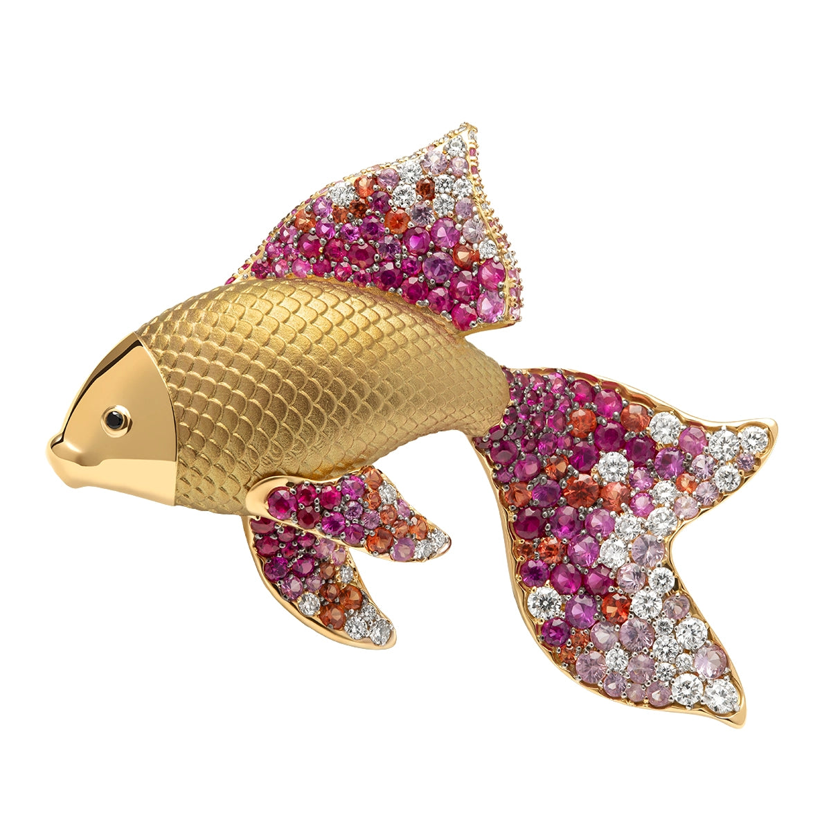 Diamonds, Ruby, Sapphires 18K Yellow Gold Golden Fish Brooch, Brs 0251-2