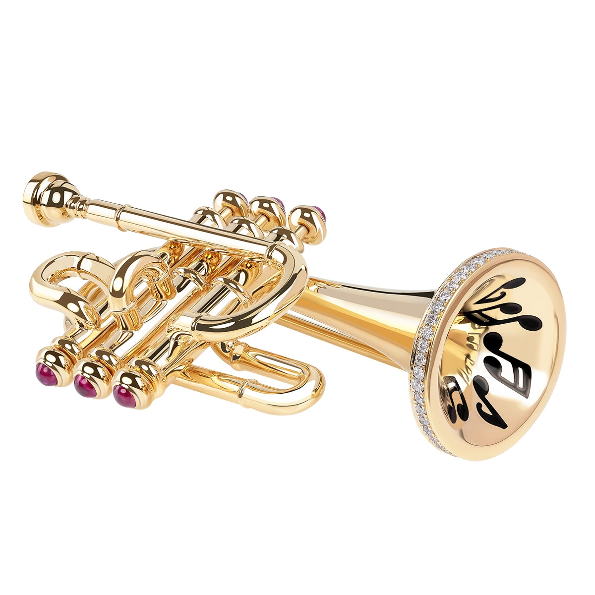 Enamel, Ruby, Diamonds 18K Yellow Gold Trumpet Brooch, Brs 0267-1