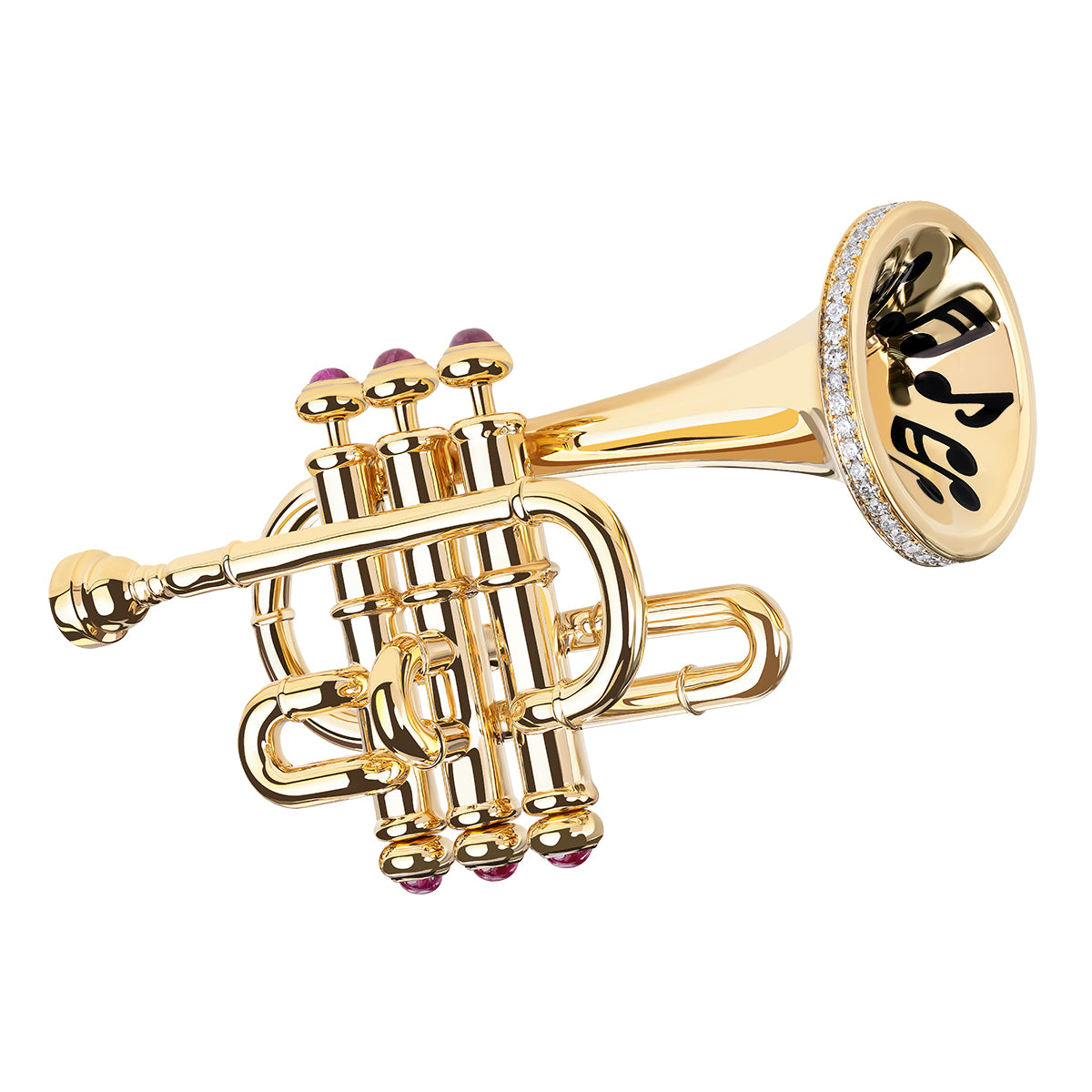 Enamel, Ruby, Diamonds 18K Yellow Gold Trumpet Brooch, Brs 0267-1