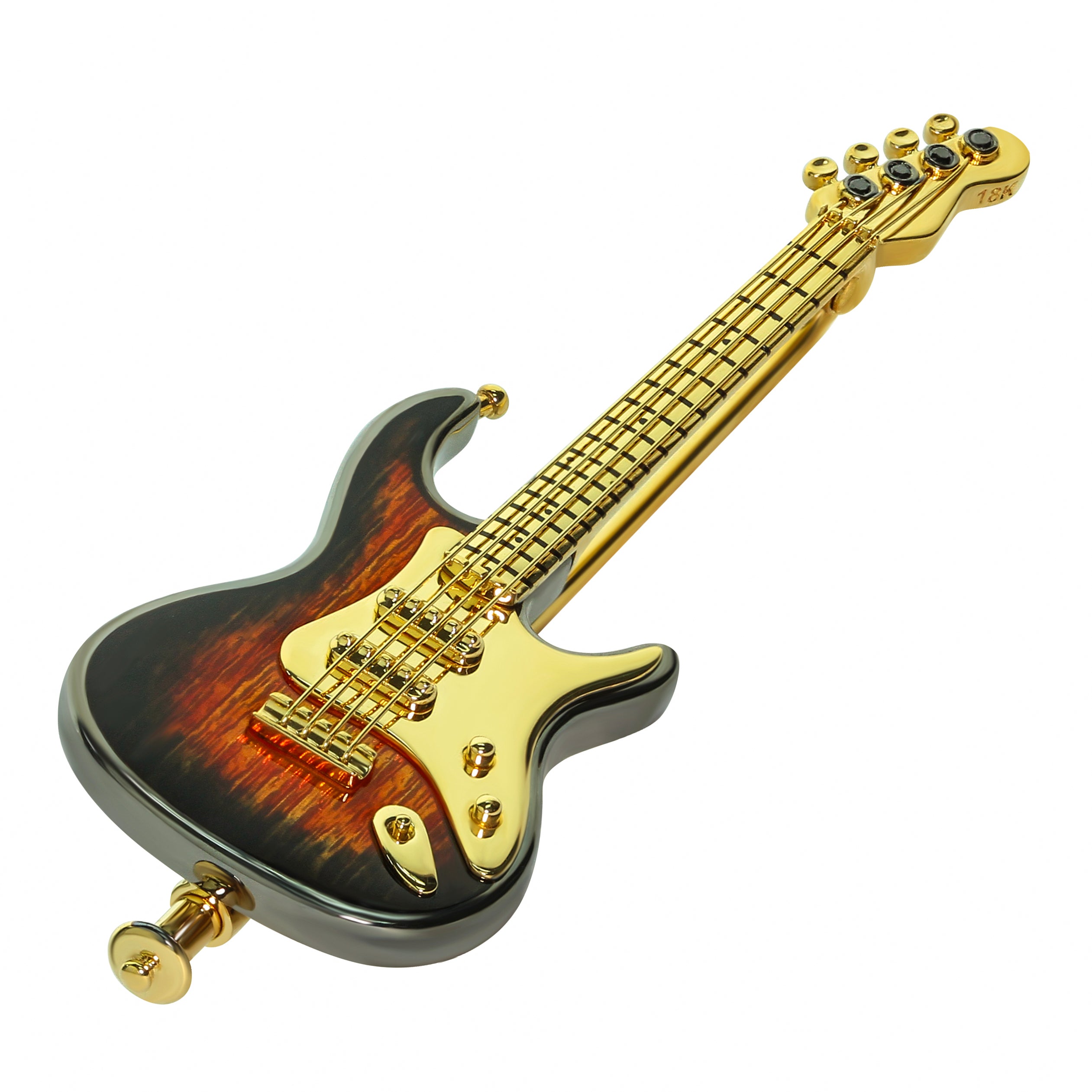 Enamel, Black Diamonds 18K Yellow Gold Classical Rock Guitar Brooch, Brs 0267-2