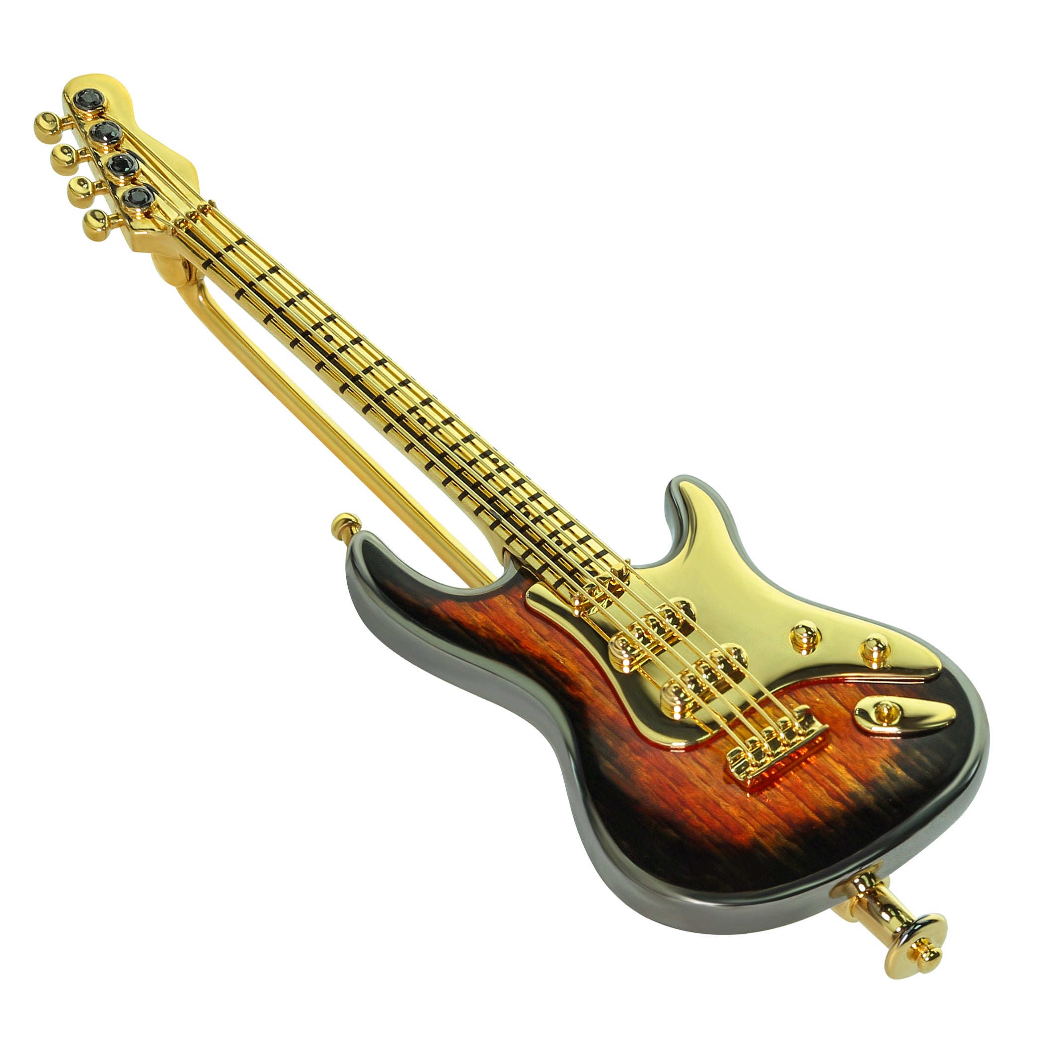 Enamel, Black Diamonds 18K Yellow Gold Classical Rock Guitar Brooch, Brs 0267-2