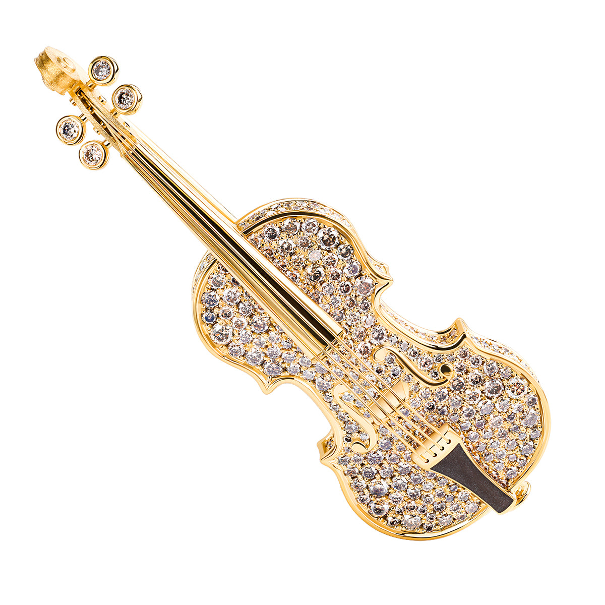 Champagne Diamonds Enamel 18K Yellow Gold Violin Brooch, Brs 0267-20