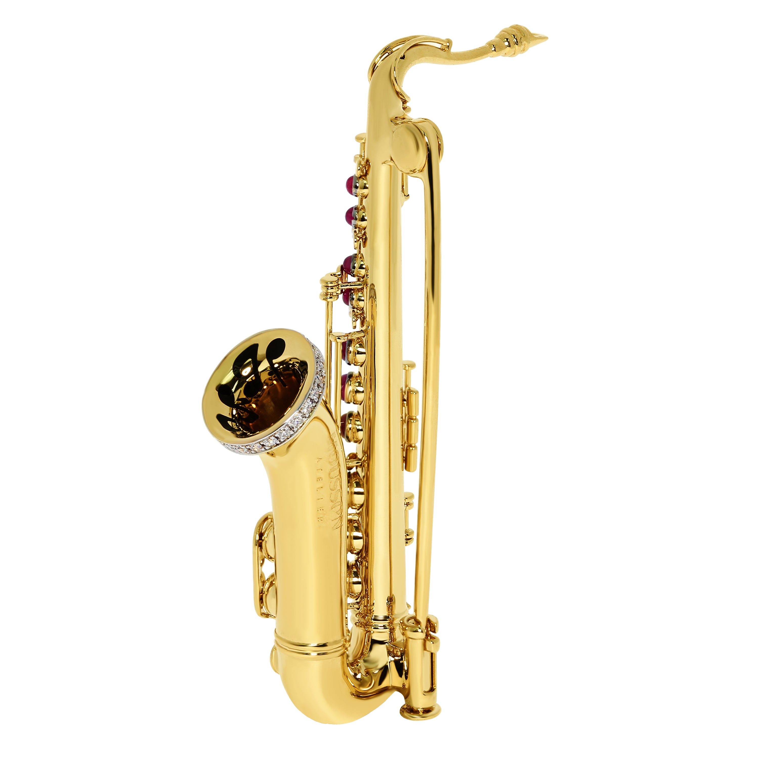 Ruby, Diamonds, Enamel 18K Yellow Gold Saxophone Brooch, Brs 0267-4