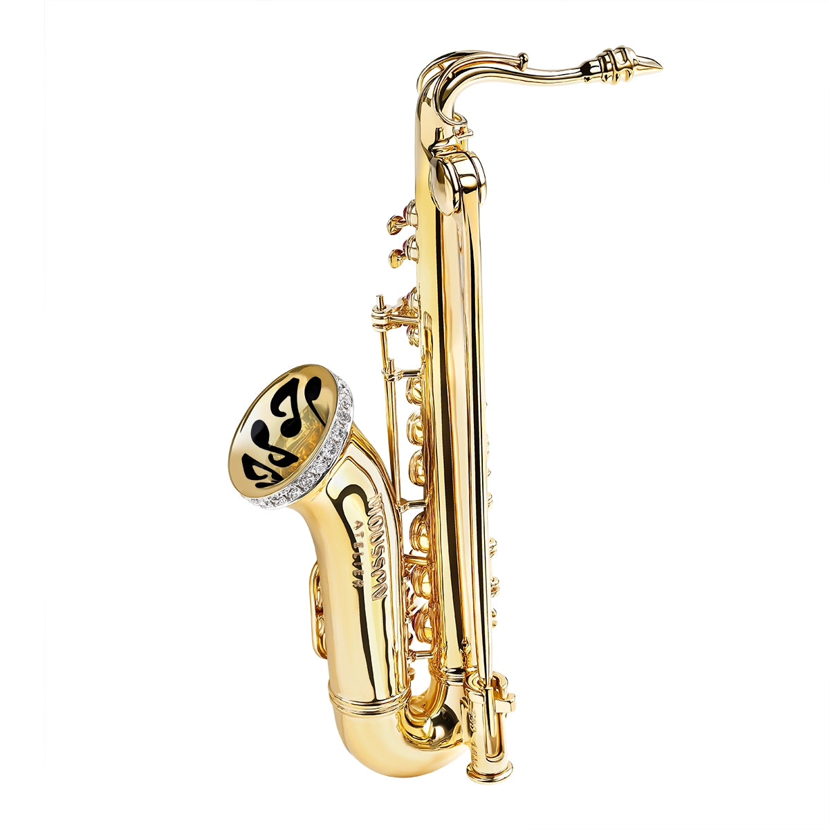 Ruby, Diamonds, Enamel 18K Yellow Gold Saxophone Brooch, Brs 0267-4