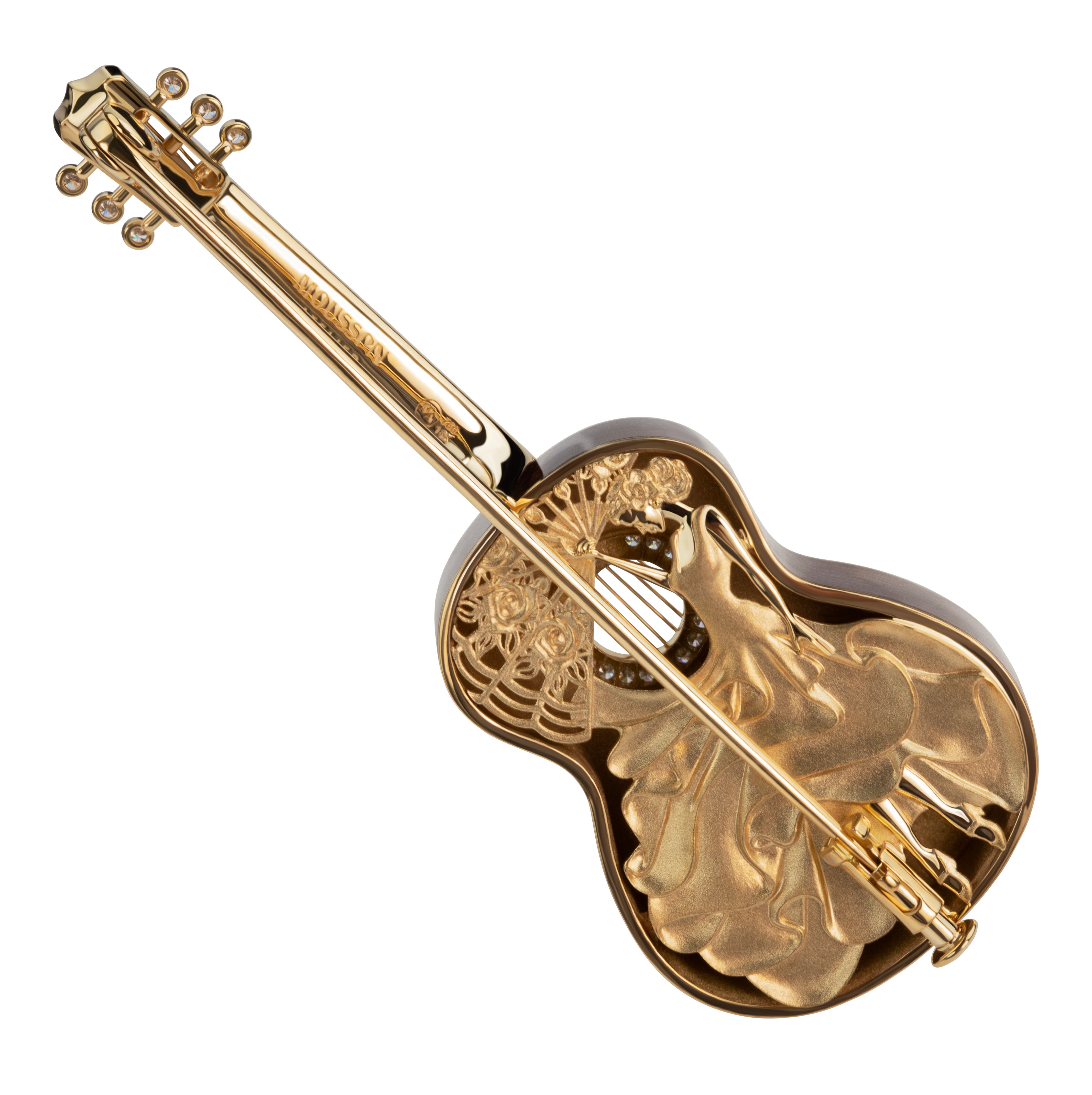 Enamel, Diamonds 18K Yellow Gold Spanish Guitar Brooch, Brs 0267-6