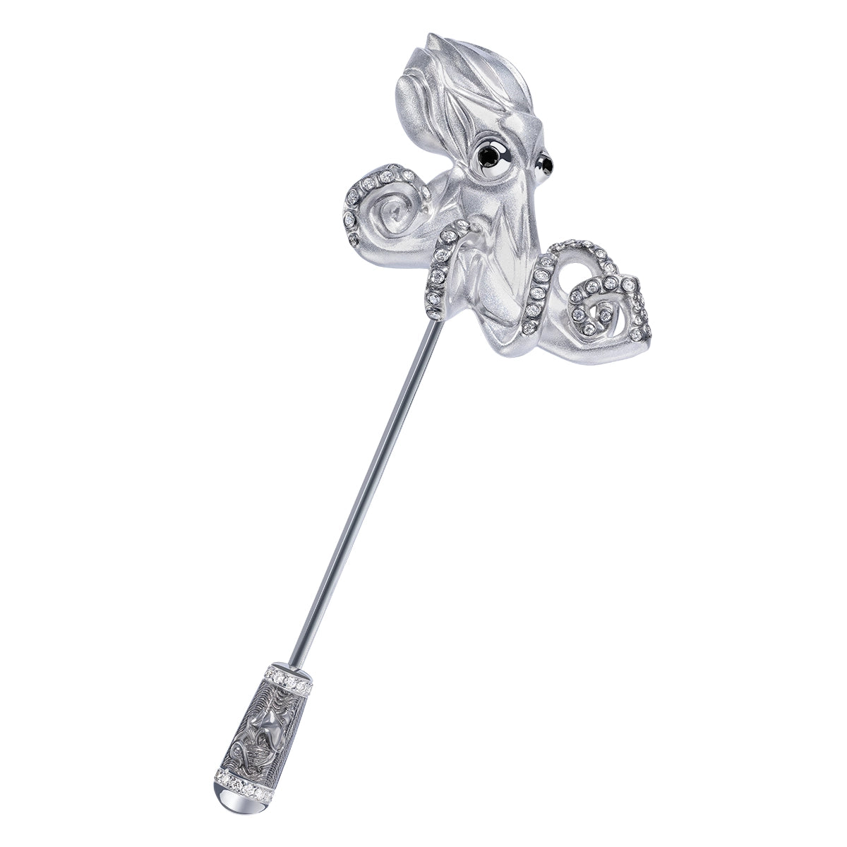 18K White Gold, White and Black Diamonds Enamel Octopus Pin, Brs 0301-3