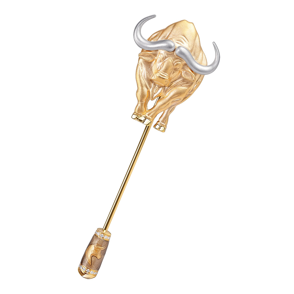 18K Yellow and White Gold, Diamonds Enamel Buffalo Pin, Brs 0301-4