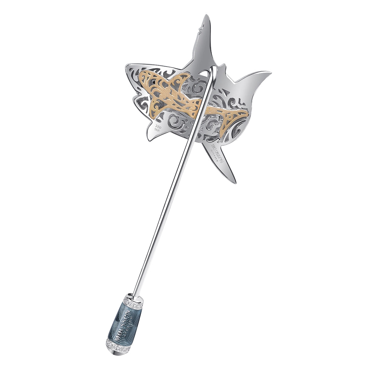 18K White Gold, White and Black Diamonds Enamel Shark Pin, Brs 0301-7