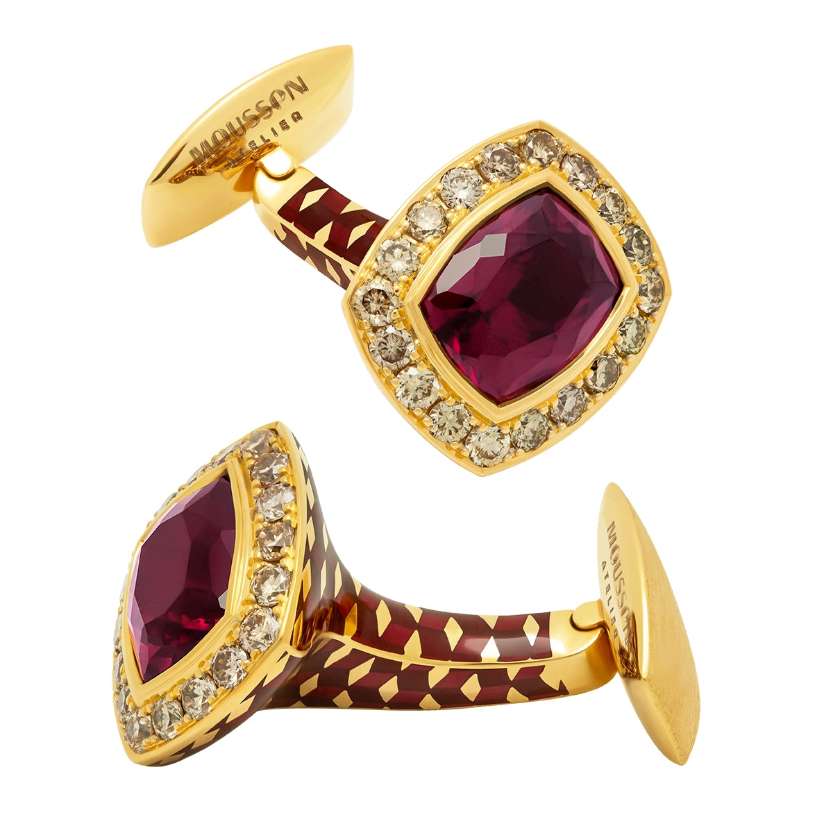 Enamel, Rhodolite Garnet, Champagne Diamonds 18K Yellow Gold Cufflinks, C 0176-30