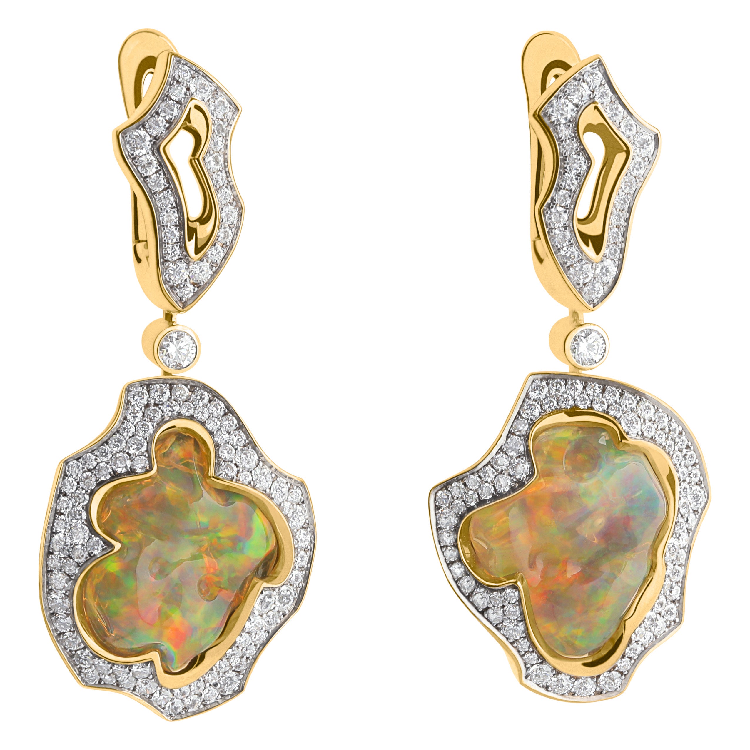 Mexican Fire Opal, Diamonds  18K Yellow Gold Earrings, E 0029-16/1