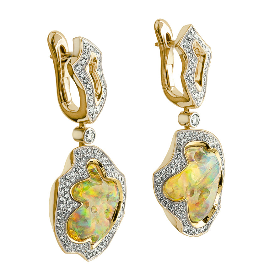 Mexican Fire Opal, Diamonds  18K Yellow Gold Earrings, E 0029-16/1