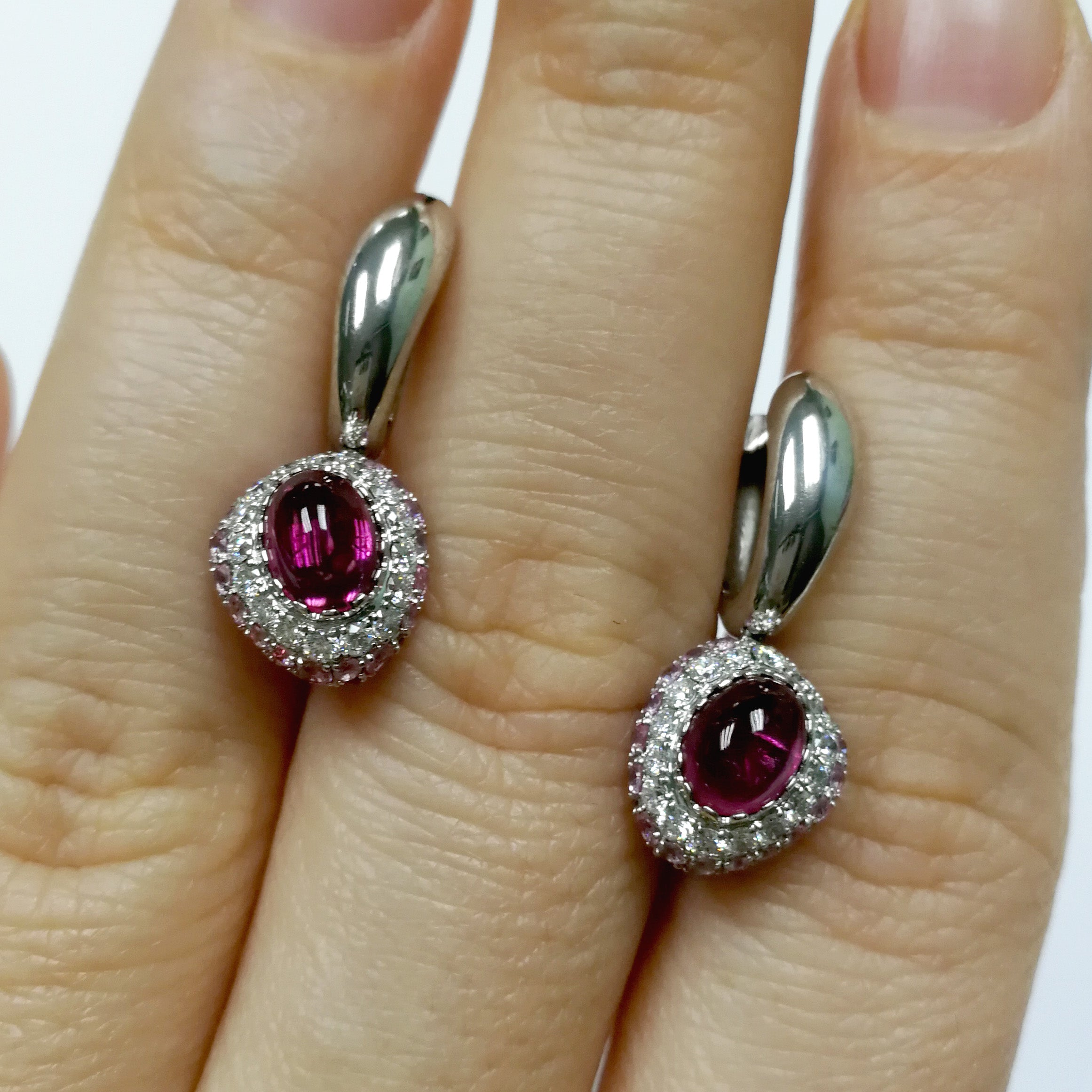 Rubellite, Diamonds, Ruby, Pink Sapphires 18K White Gold Earrings, E 0072-0