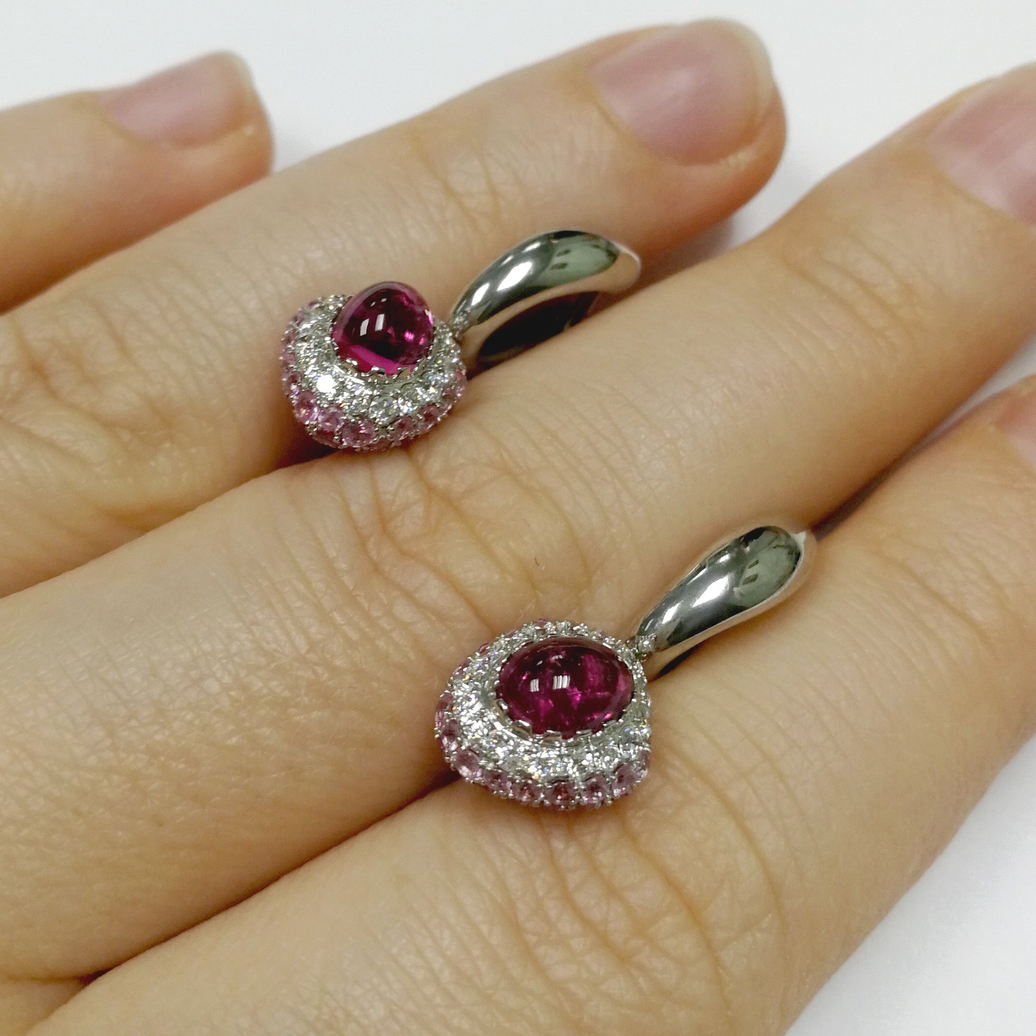 Rubellite, Diamonds, Ruby, Pink Sapphires 18K White Gold Earrings, E 0072-0