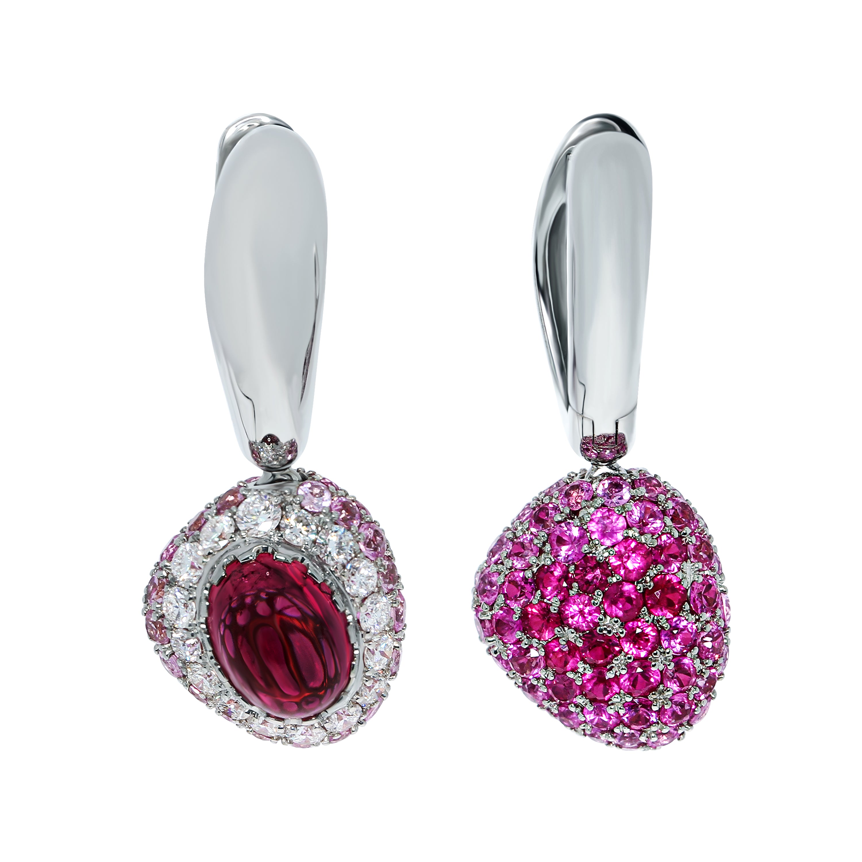 Rubellite, Diamonds, Ruby, Pink Sapphires 18K White Gold Earrings, E 0072-0