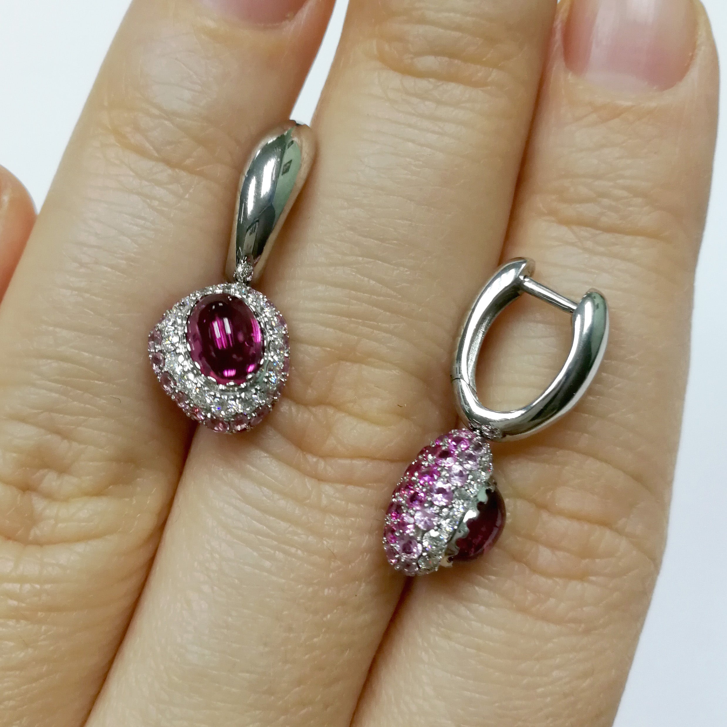 Rubellite, Diamonds, Ruby, Pink Sapphires 18K White Gold Earrings, E 0072-0