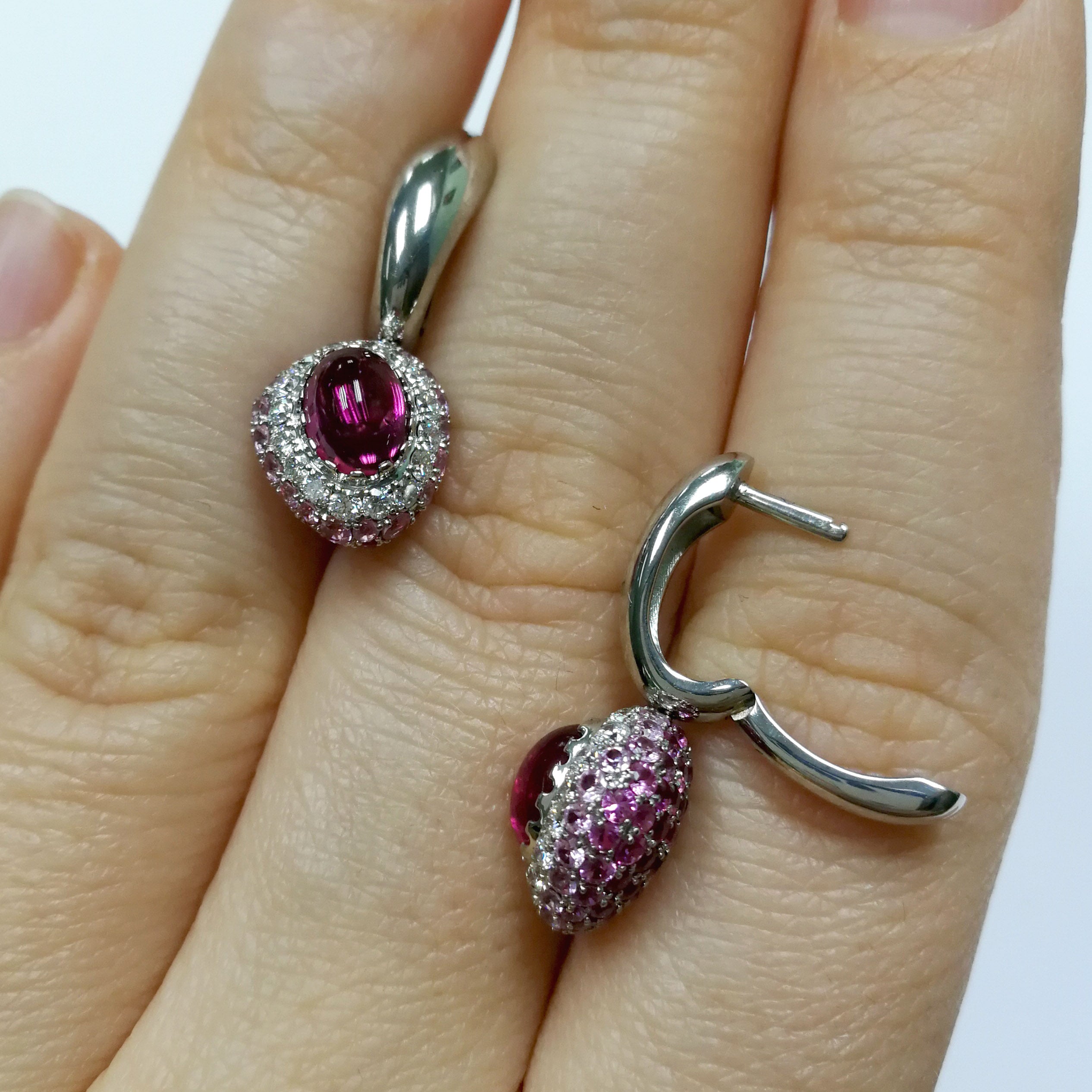 Rubellite, Diamonds, Ruby, Pink Sapphires 18K White Gold Earrings, E 0072-0
