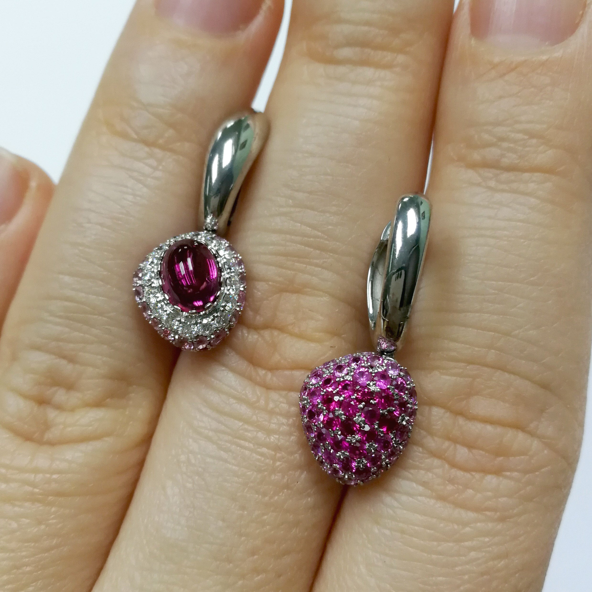 Rubellite, Diamonds, Ruby, Pink Sapphires 18K White Gold Earrings, E 0072-0