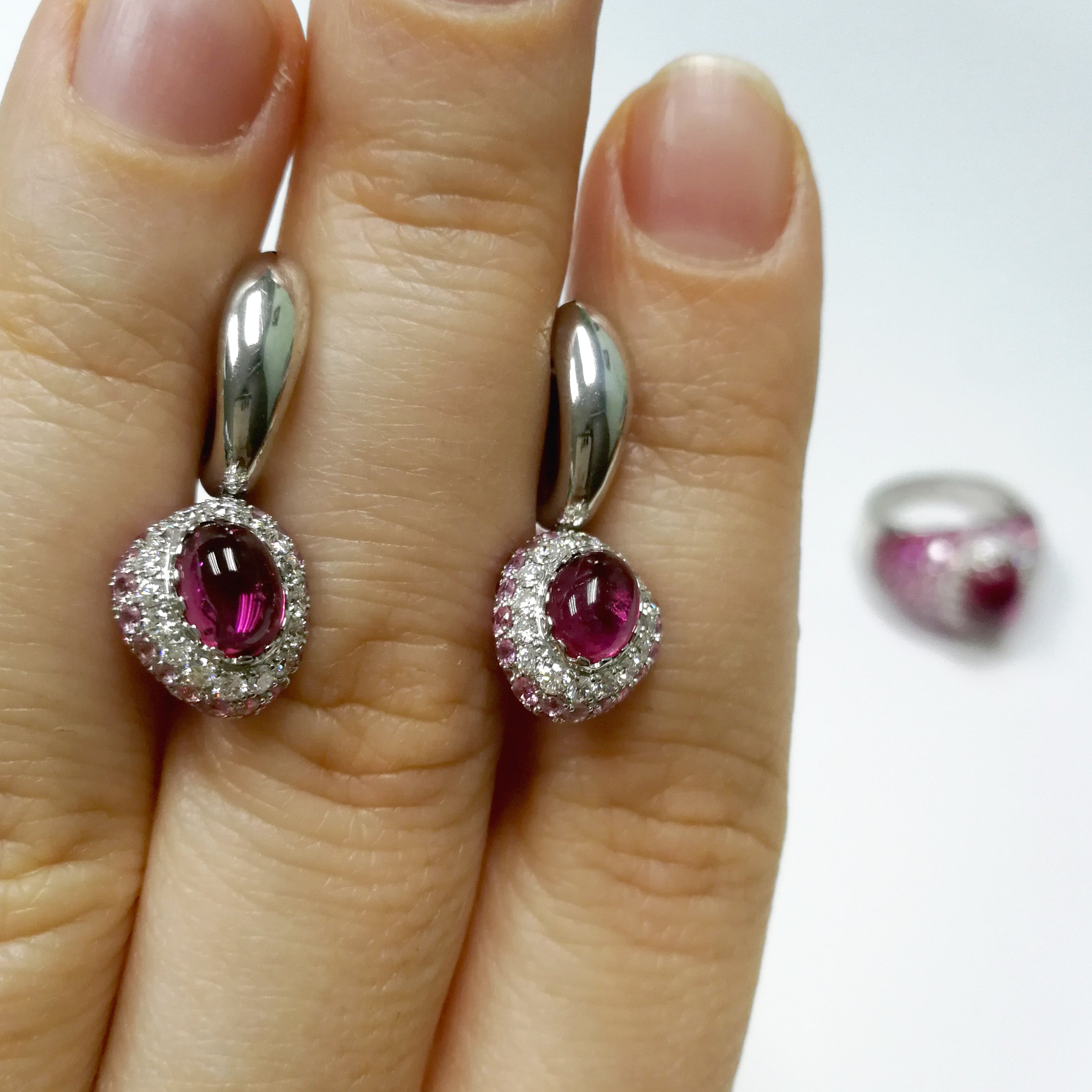 E 0072-0, 18K White Gold, Rubbelite, Diamonds, Ruby, Pink Sapphires Earrings