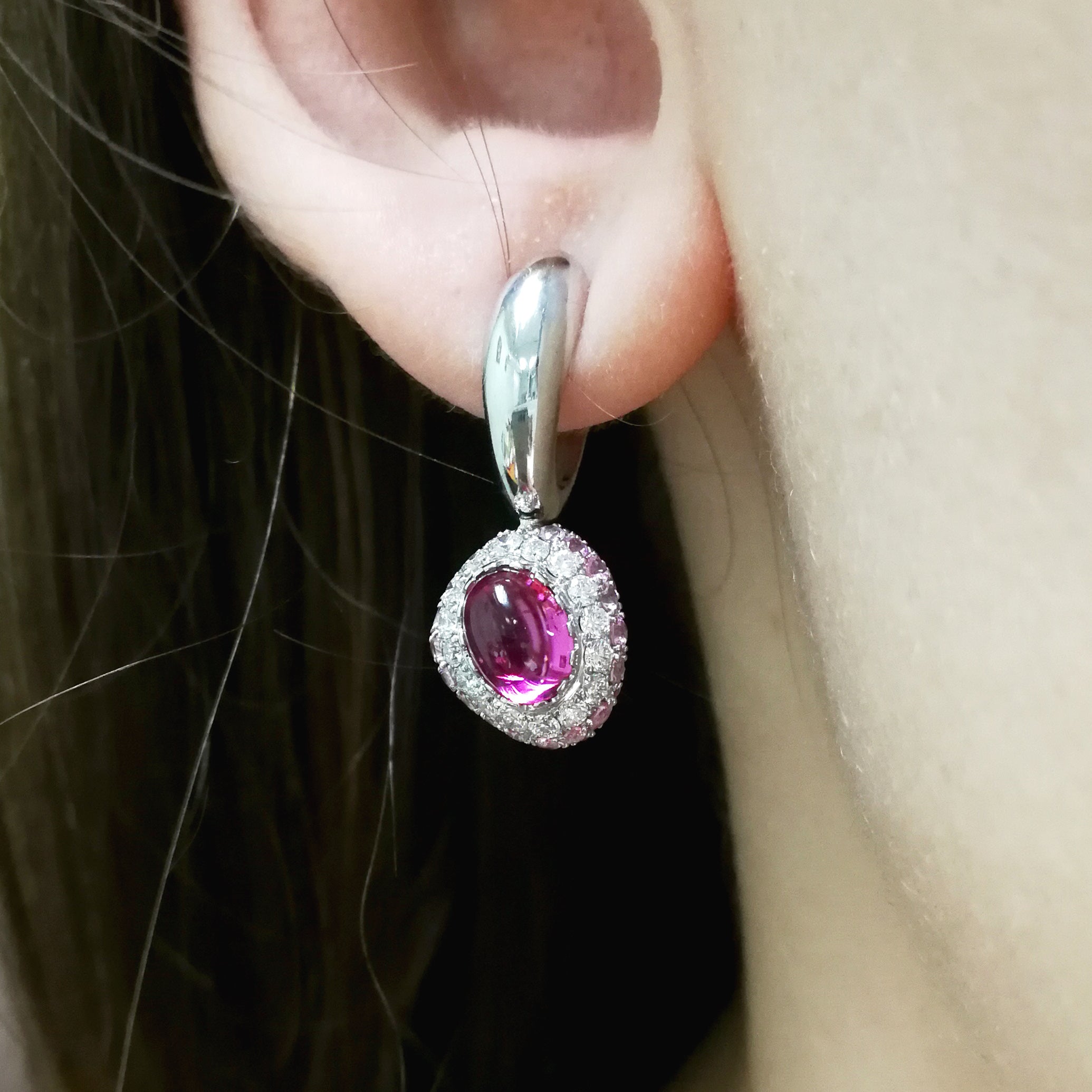 Rubellite, Diamonds, Ruby, Pink Sapphires 18K White Gold Earrings, E 0072-0